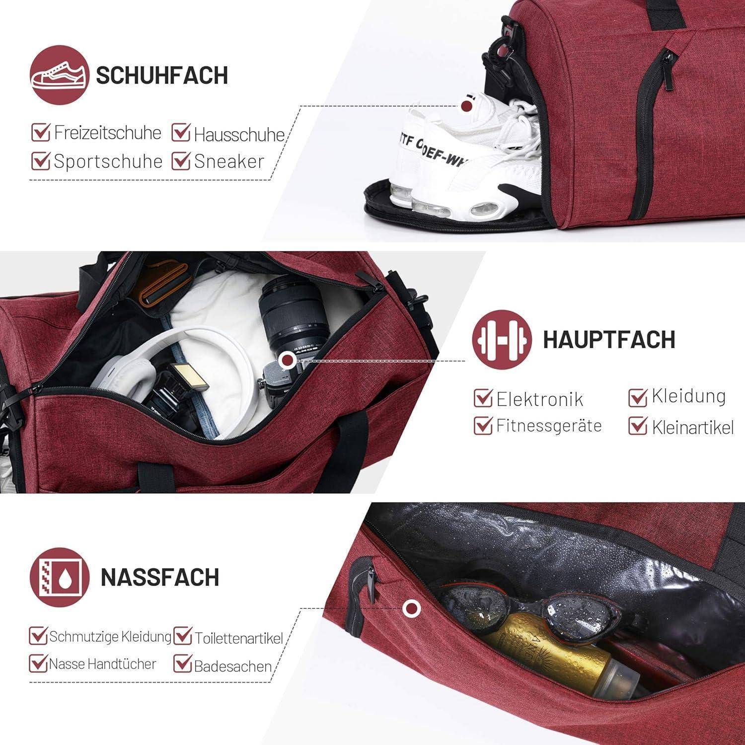 Sporttasche für Damen und Herren 25L Rotwein Fitness Reisetasche mit