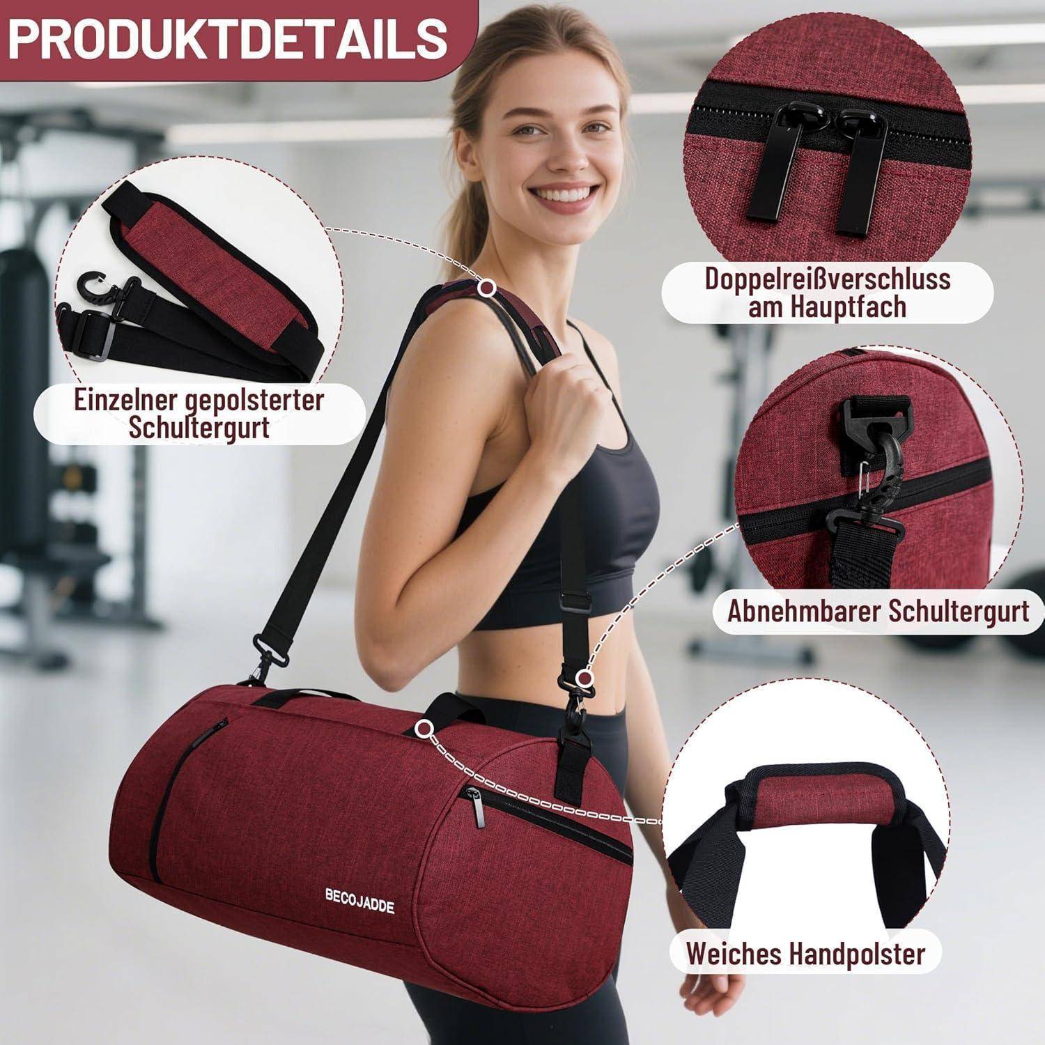 Sporttasche für Damen und Herren 25L Rotwein Fitness Reisetasche mit