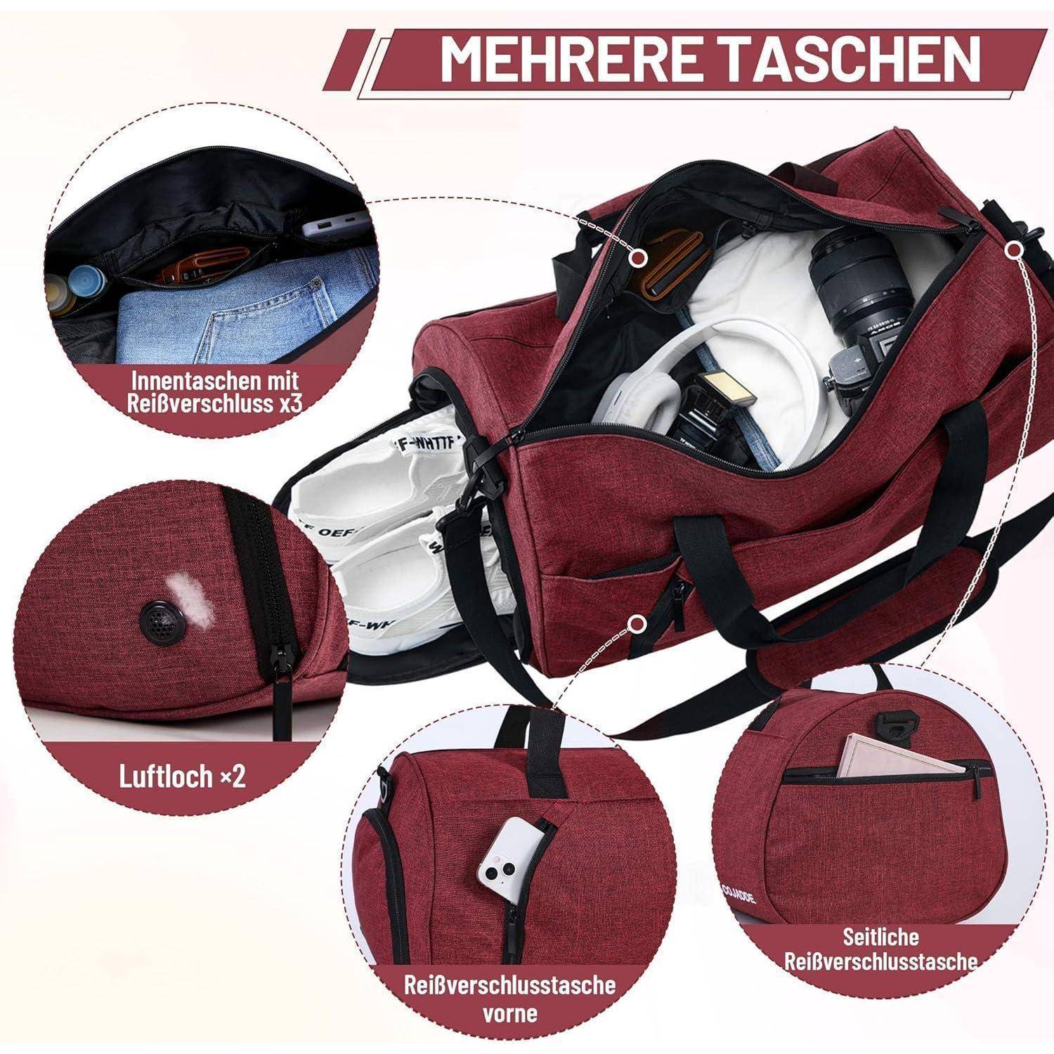 Sporttasche für Damen und Herren 25L Rotwein Fitness Reisetasche mit