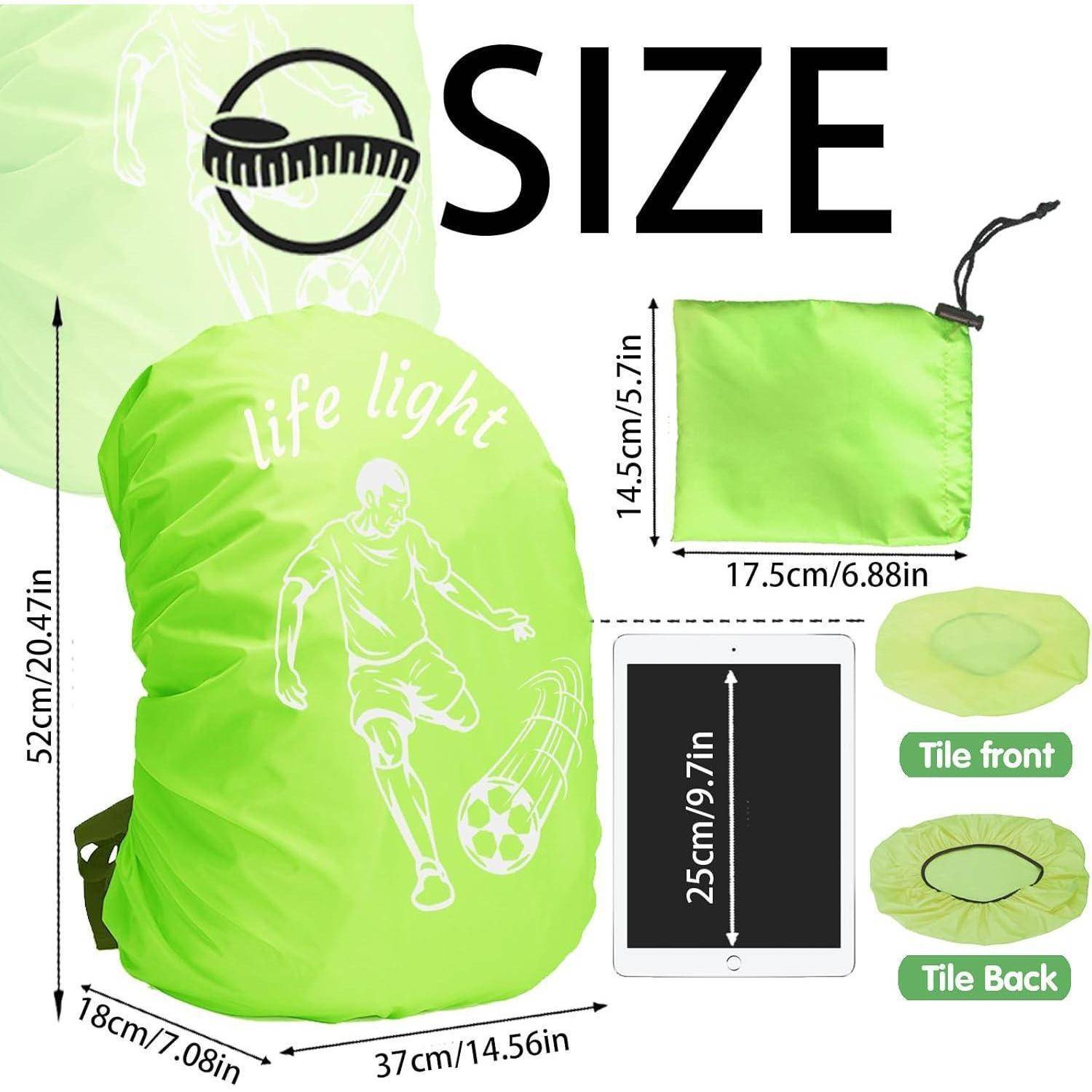 Hellgrüne Rucksackhülle mit 'life light' Text und Fußballspieler-Grafik. Zeigt Größenabmessungen: 52cm x 37cm; inklusive Aufbewahrungsbeutel.