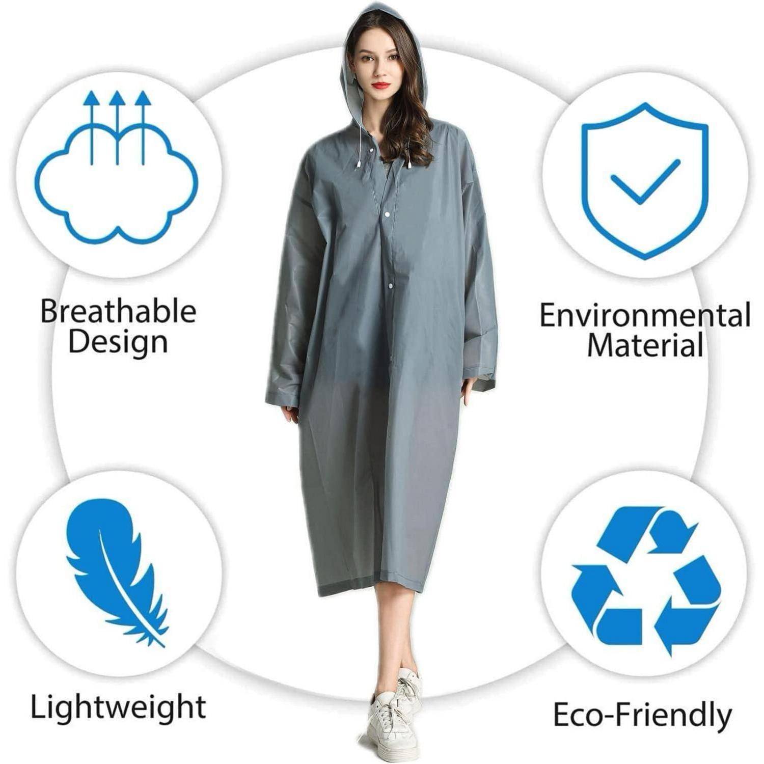 Eine Person trägt einen langen, kapuzenbesetzten Mantel. Icons heben Merkmale hervor: 'Atmungsaktives Design', 'Umweltfreundliches Material', 'Leichtgewichtig', 'Umweltschonend'.