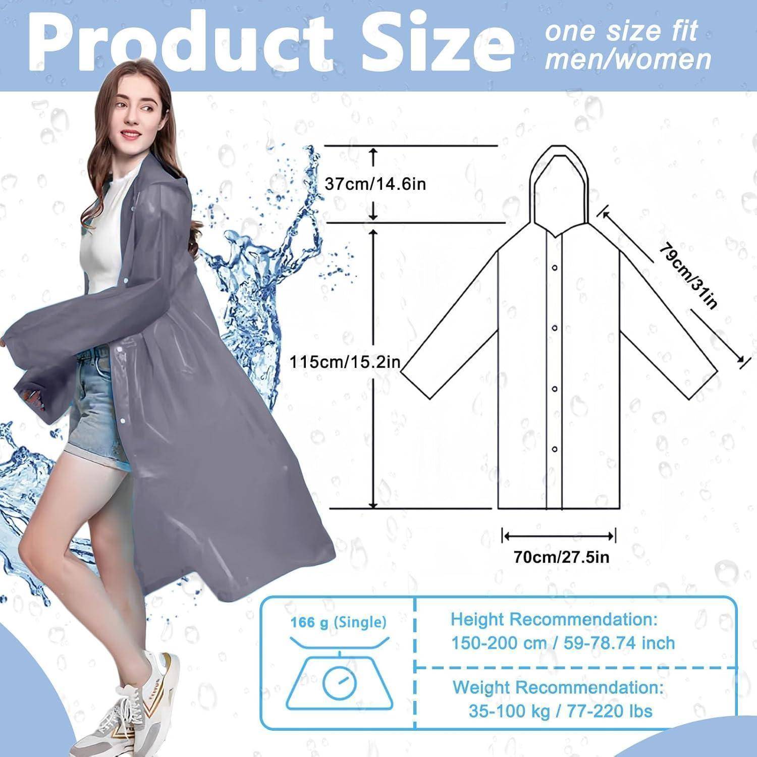 Produktgröße: Einheitsgröße für Männer/Frauen Regenmantel. Abmessungen: Länge 115 cm, Breite 70 cm, Ärmel 76 cm. Gewicht: 166 g.