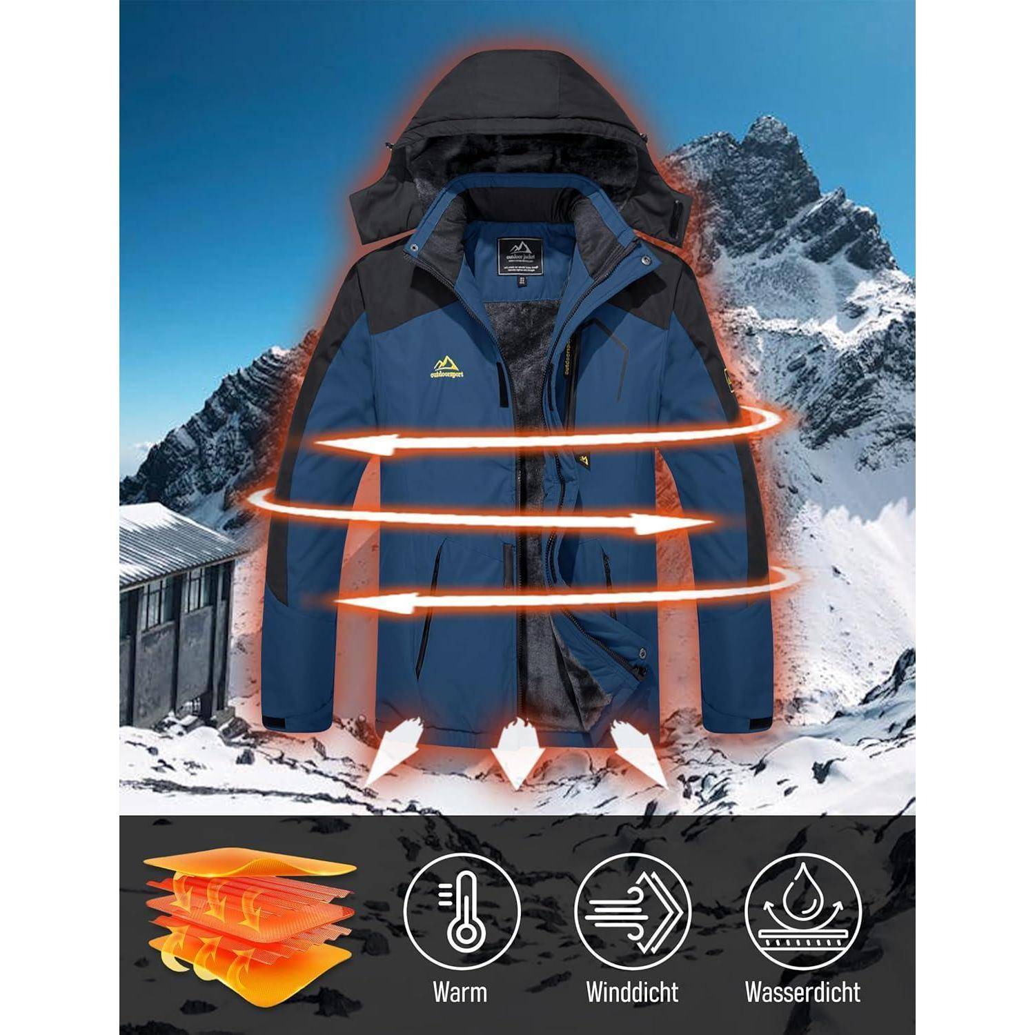 Blaue isolierte Jacke mit Kapuze in einer verschneiten Berglandschaft. Illustrationen zeigen die wärmenden, winddichten und wasserdichten Eigenschaften der Jacke.