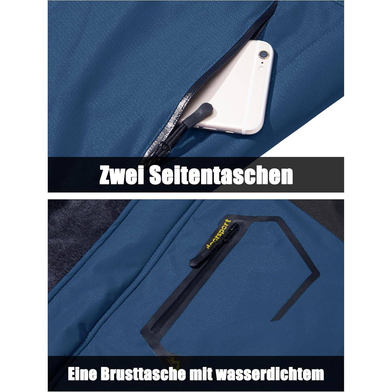 Jacke mit zwei Seitentaschen und einer wasserdichten Brusttasche, die ein Handy in einer Seitentasche enthält.
