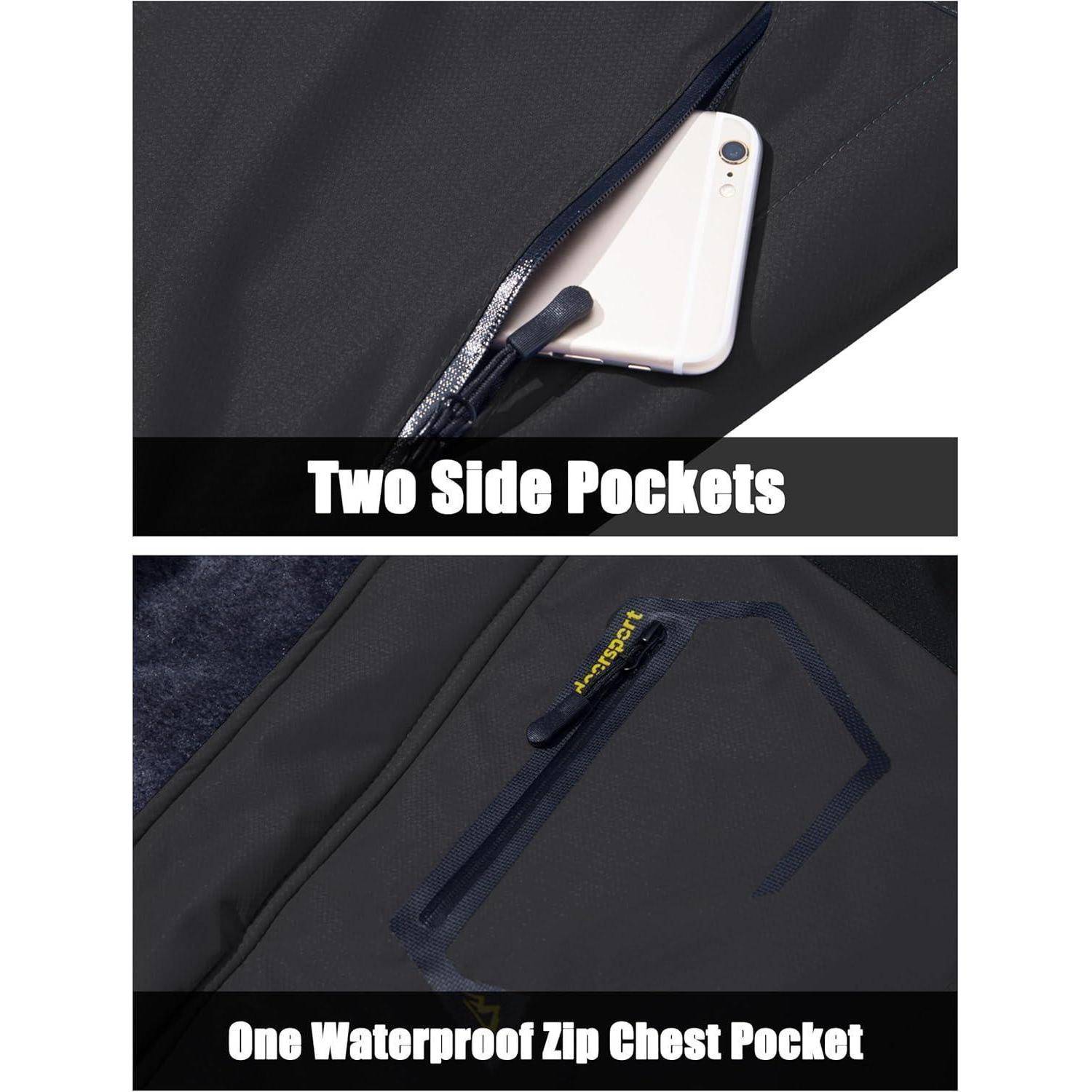 Jacke mit zwei seitlichen Taschen für einfachen Zugriff und einer wasserdichten Reißverschlusstasche auf der Brust für sichere Aufbewahrung, geeignet für Outdoor-Aktivitäten.