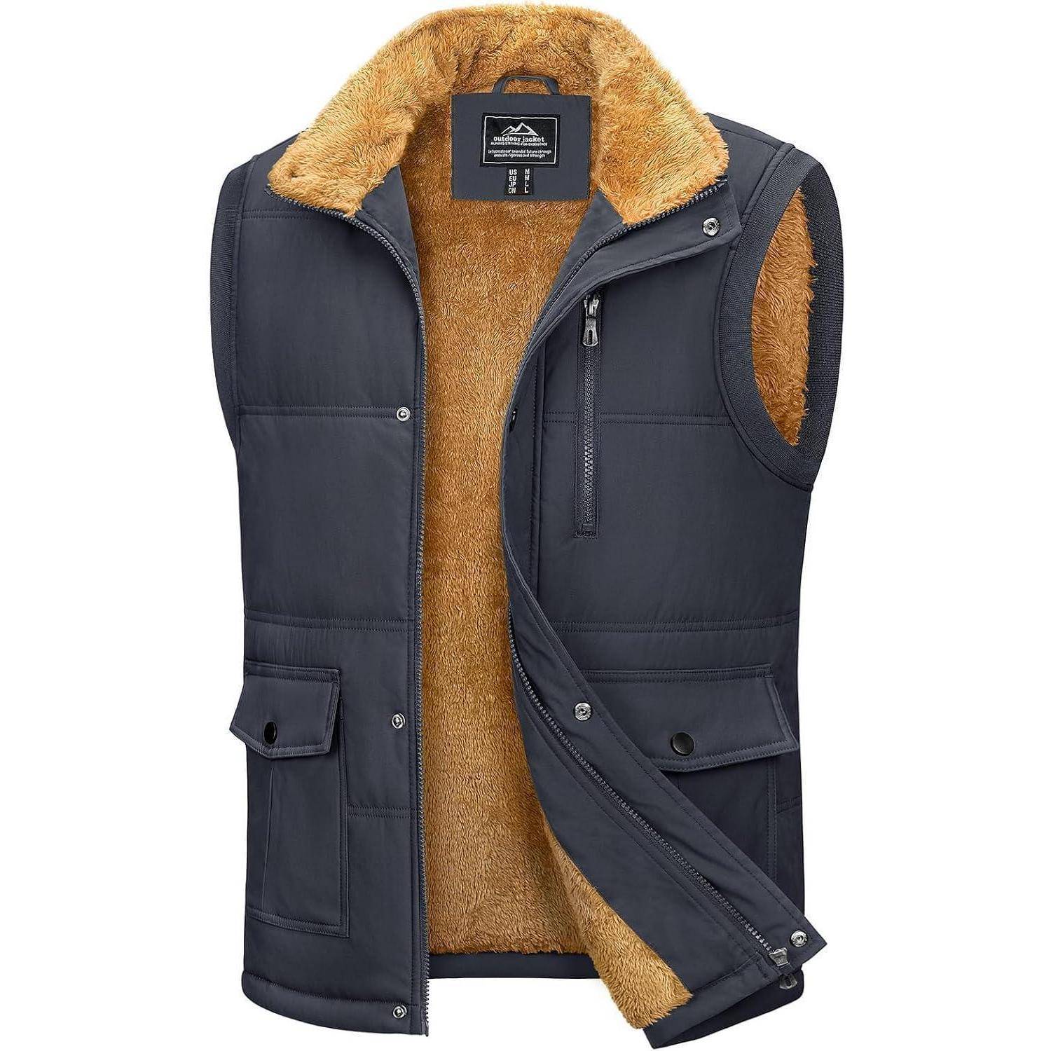 Eine dunkelgraue ärmelloses Winterweste mit Kunstfellauskleidung, ausgestattet mit einem Reißverschluss vorne, Eingrifftaschen mit Druckknöpfen und einem hochstehenden Kragen.