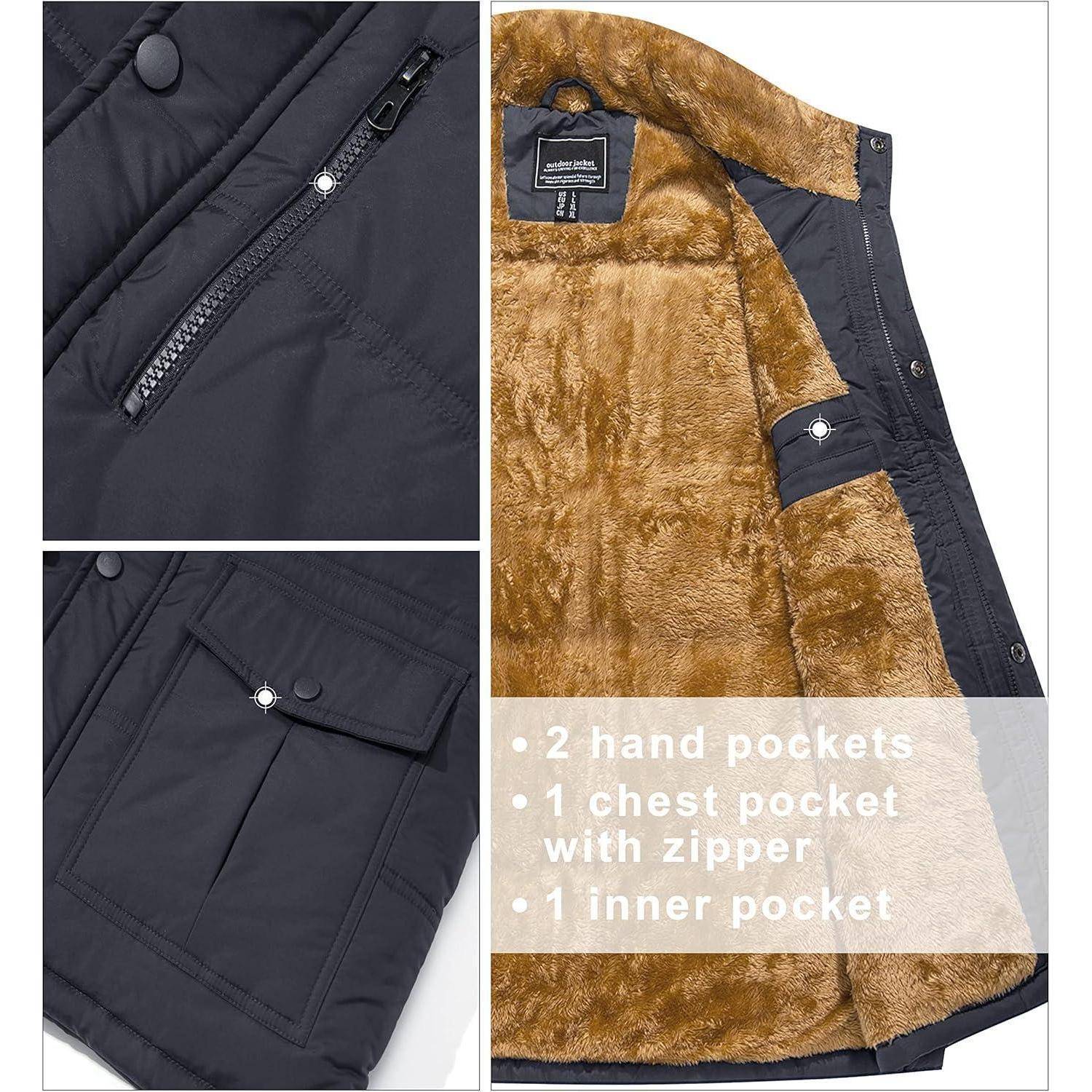 Schwarze gesteppte Jacke mit vier Taschen: zwei Handtaschen, eine Brusttasche mit Reißverschluss und eine Innentasche. Braune Pelzfütterung.