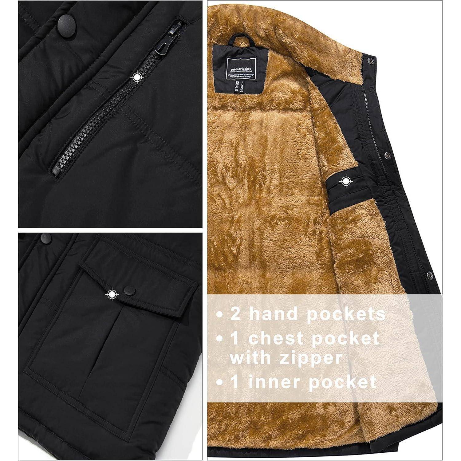 Schwarze Jacke mit braunem Kunstfell-Futter. Ausgestattet mit 2 Handtaschen, 1 Brusttasche mit Reißverschluss und 1 Innentasche.