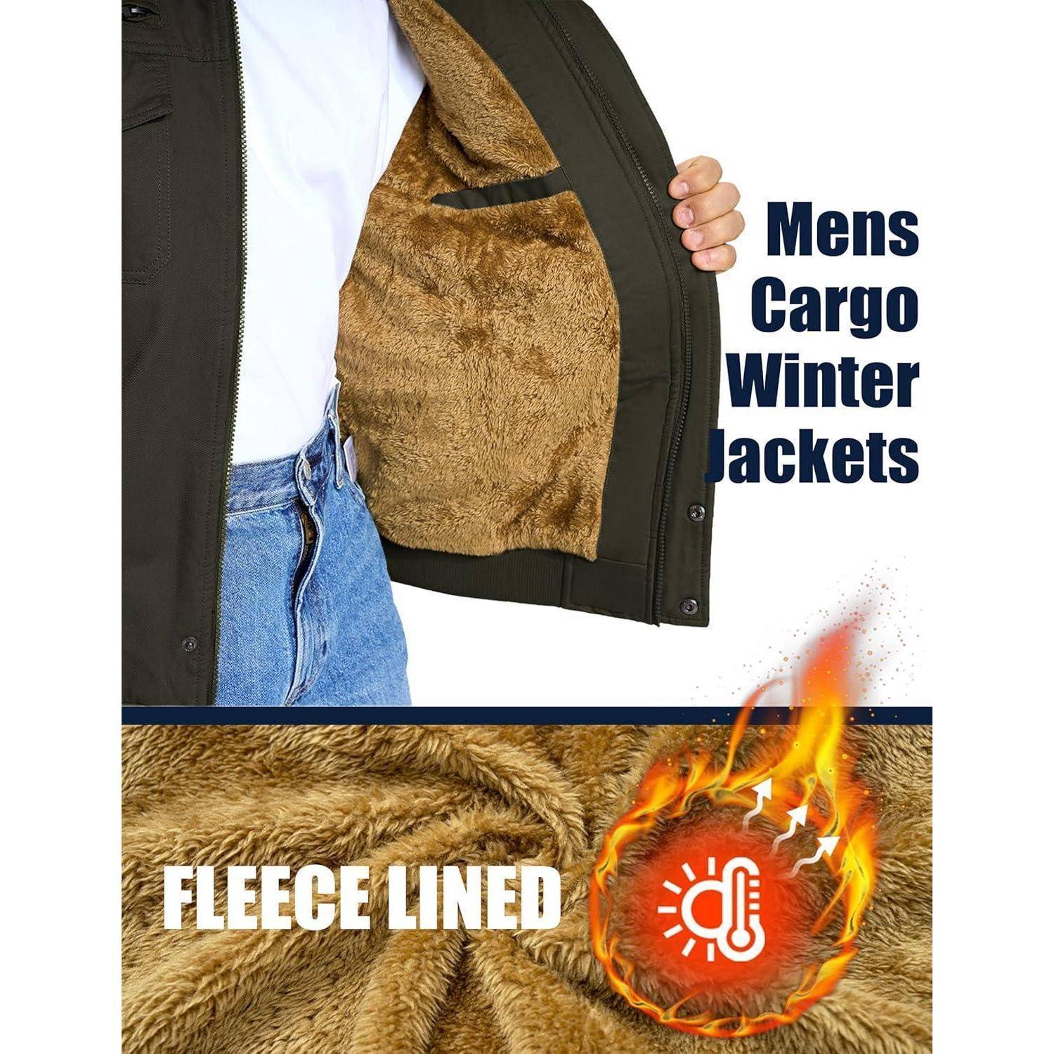 Eine Person zeigt das Innere einer schwarzen Jacke mit Fleece-Fütterung. Text liest sich 