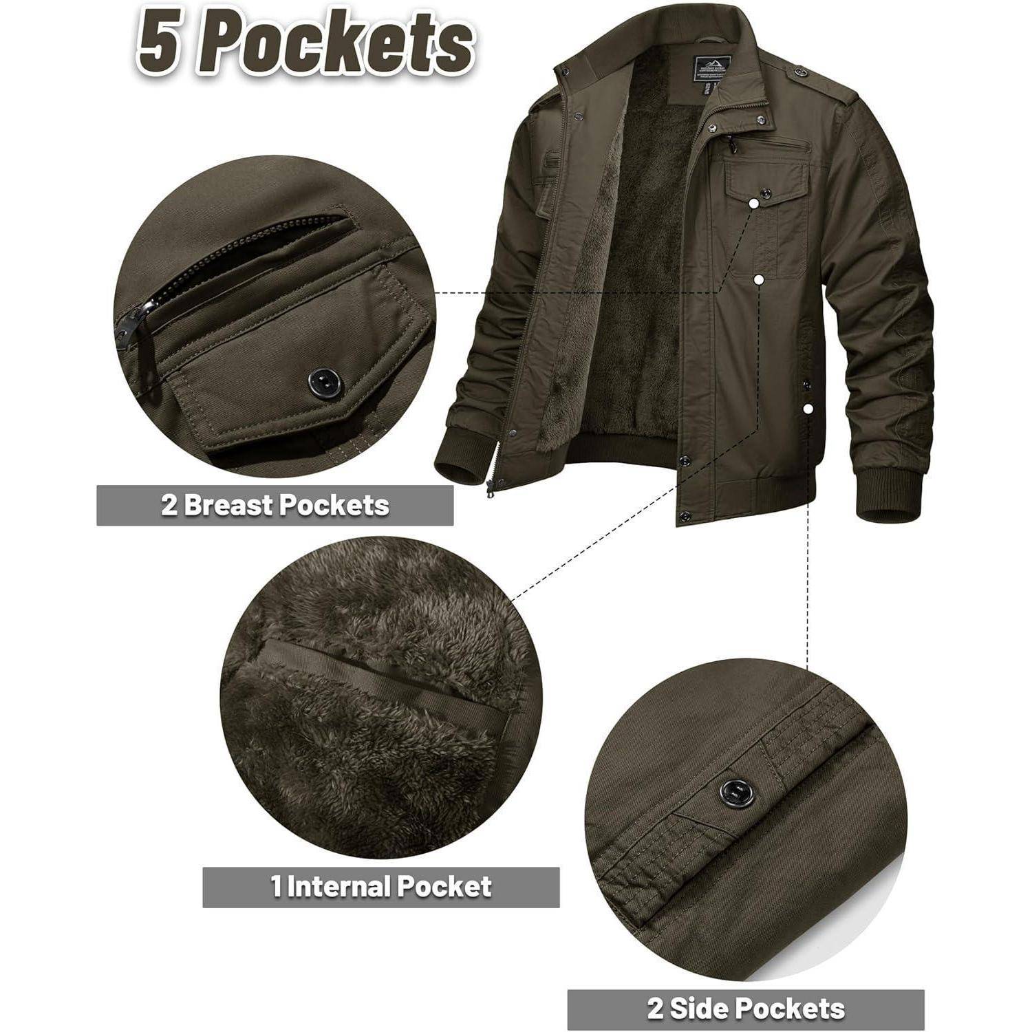 Eine braune Jacke mit der Beschriftung '5 Taschen': ausgestattet mit 2 Brusttaschen, 1 innenliegender Tasche und 2 Seitentaschen, mit detaillierten Ansichten illustriert.