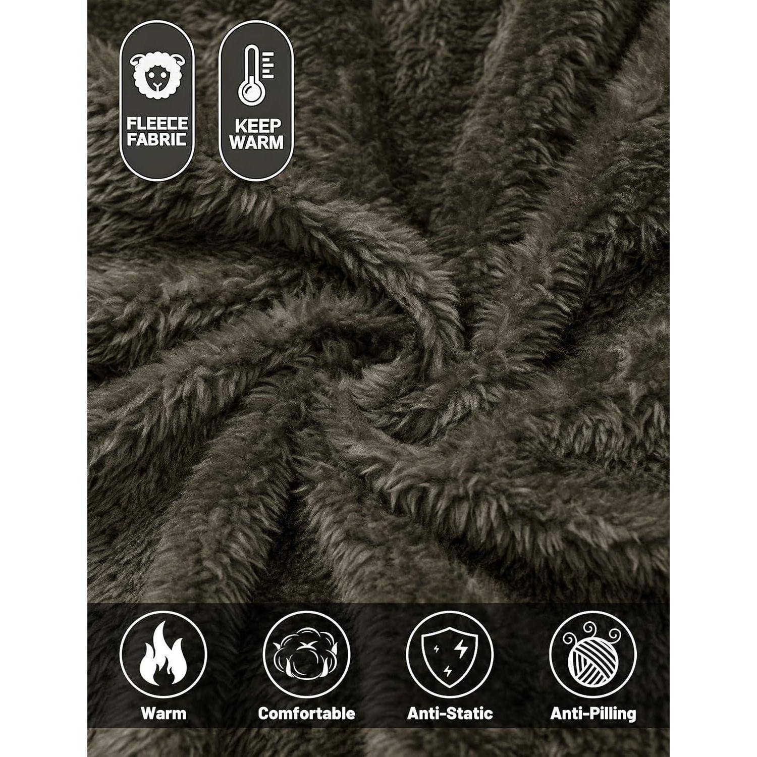 Nahaufnahme eines dunklen Fleece-Gewebes mit Symbolen und Text, die dessen Eigenschaften hervorheben: 'Warmhalten', 'Fleece-Stoff', 'Warm', 'Bequem', 'Antistatisch', 'Pillenfrei'.