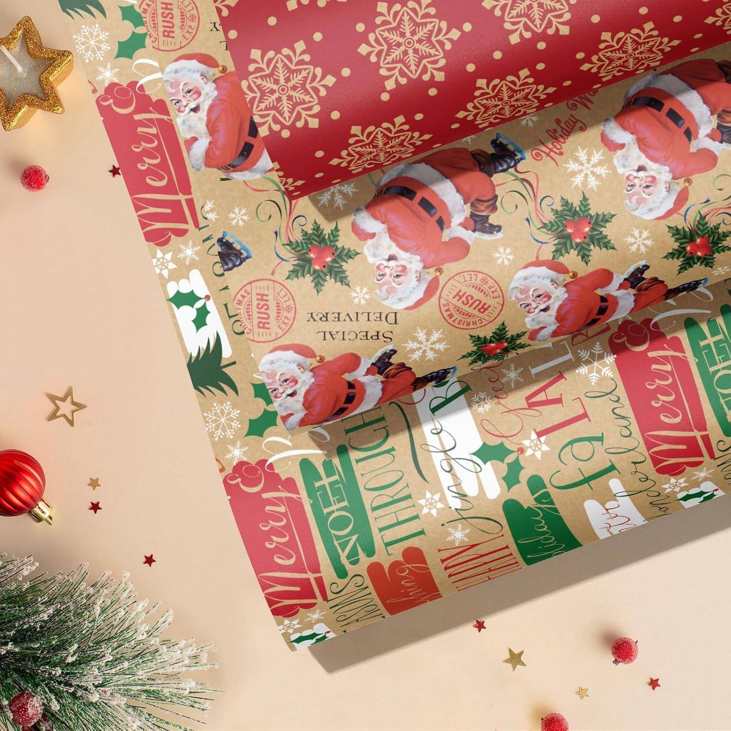 Geschenkpapierrollen auf einem festlichen Hintergrund mit Weihnachtsmann, Schneeflocken und dem Text 