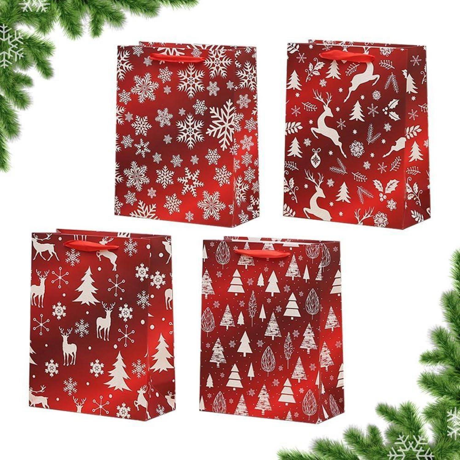 4er-Pack Weihnachtspapier-Geschenktüten mit Griffen, rote Bonbontüten