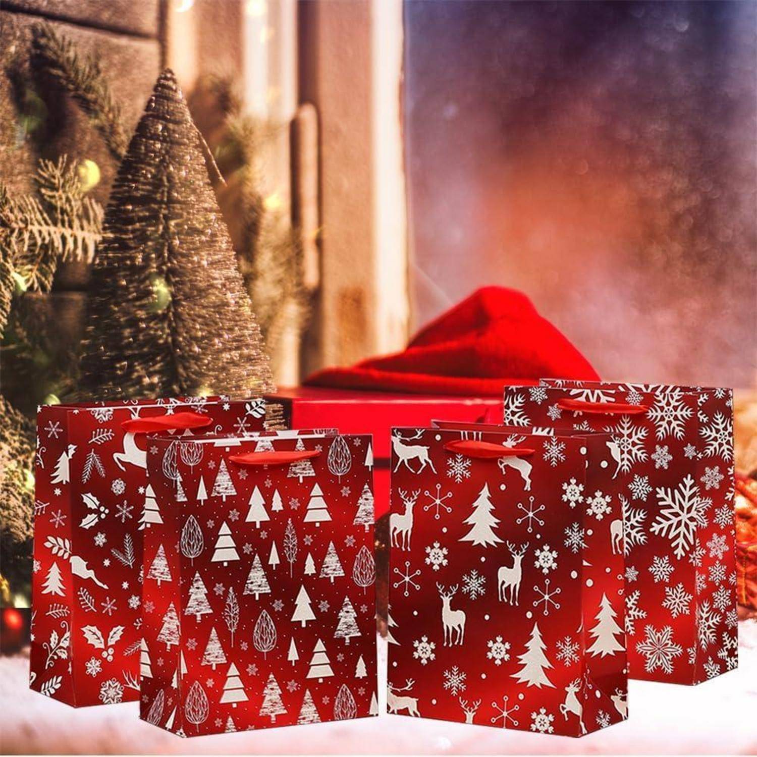 4er-Pack Weihnachtspapier-Geschenktüten mit Griffen, rote Bonbontüten