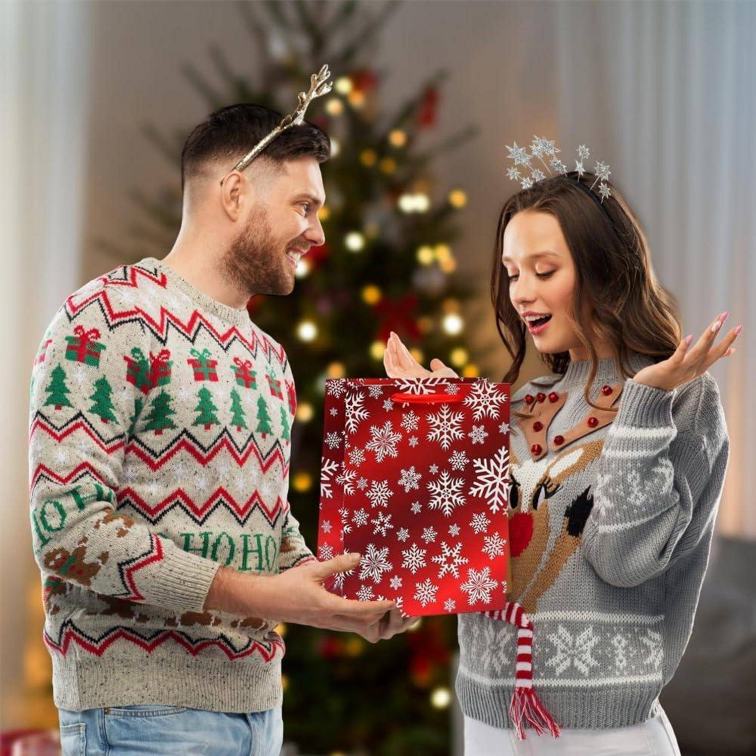 4er-Pack Weihnachtspapier-Geschenktüten mit Griffen, rote Bonbontüten