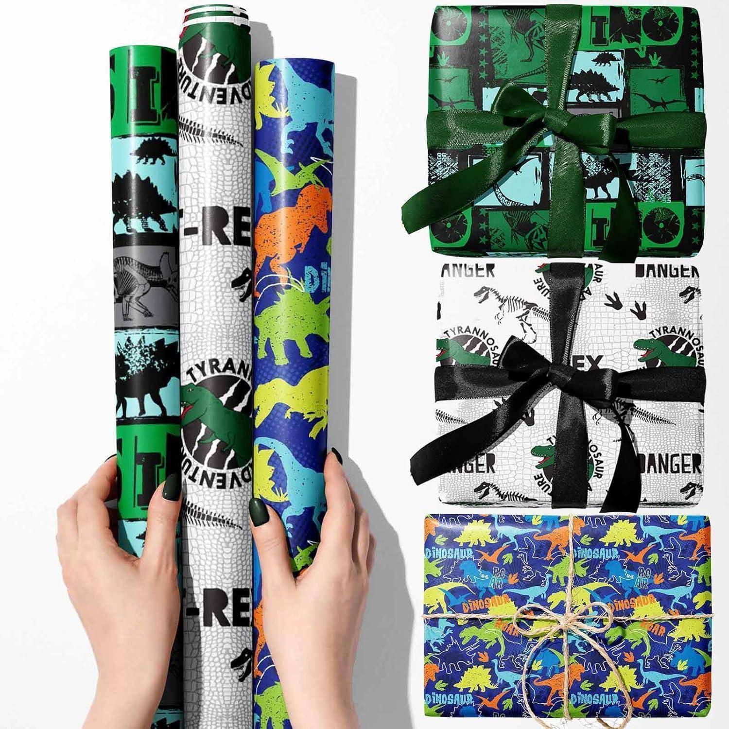3 Rollen Dinosaurier Geschenkpapier UV-Druck 43x300cm