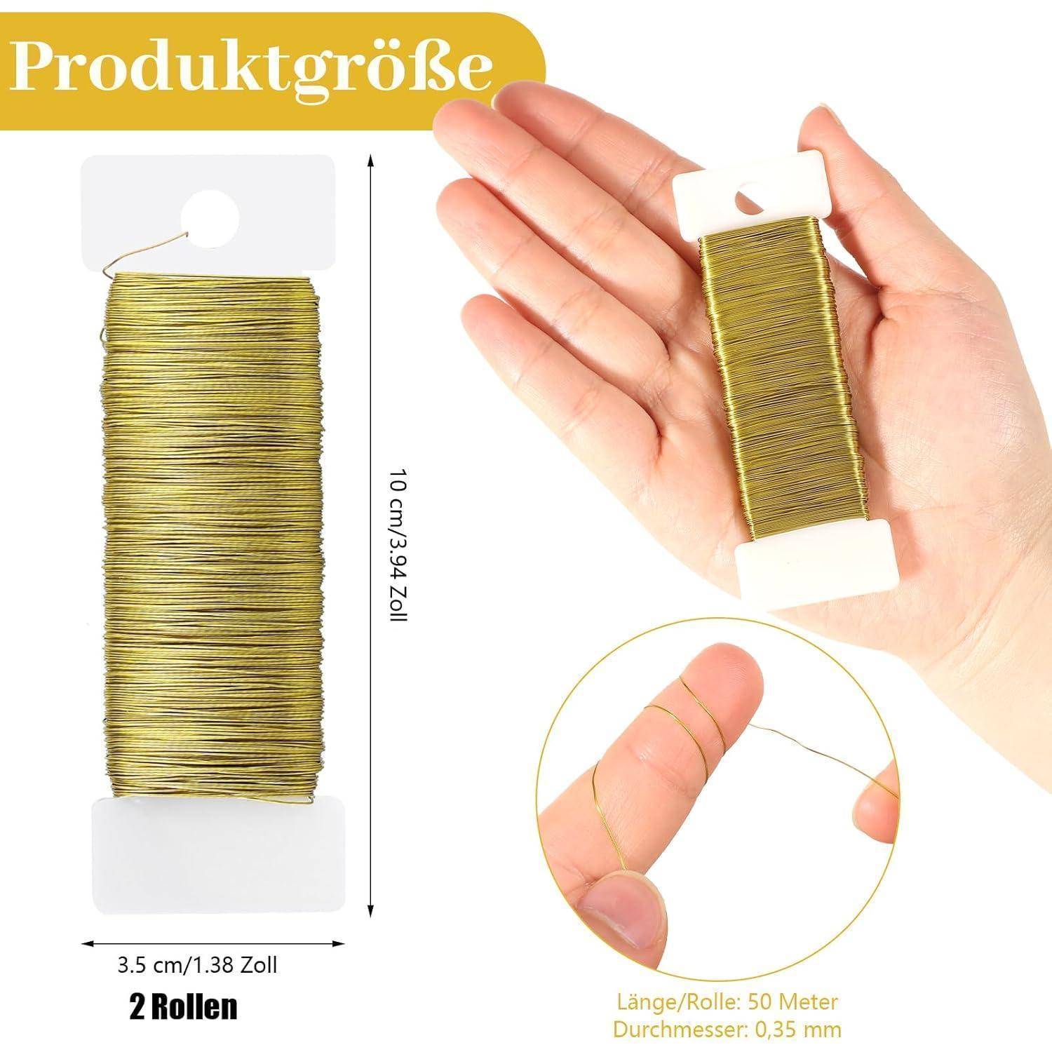 Produktgröße: Abbildung zeigt zwei goldene Drahtrollen. Jede Rolle ist 3,5 cm breit und 10 cm lang. Länge pro Rolle: 50 Meter, Durchmesser: 0,35 mm.