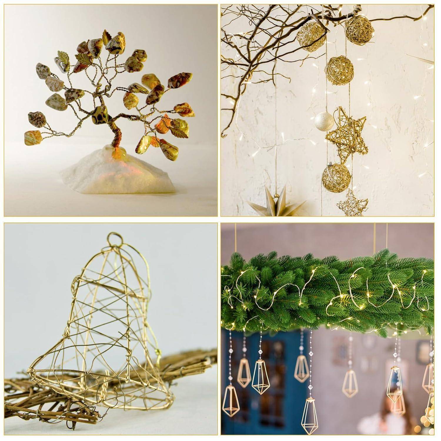 Eine Collage aus vier handgefertigten Dekorationsartikeln: ein Edelsteinbaum, ein Wandbehang mit Sternen, eine Drahtglocke und eine Hängegirlande mit Ornamenten.