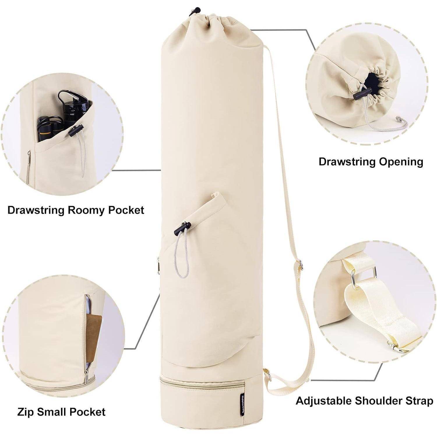 Yogamatte-Tasche in Beige mit folgenden Merkmalen: Kordelzugverschluss, geräumige Tasche, kleine Reißverschlusstasche, verstellbarer Schultergurt und Kordelzugöffnung.