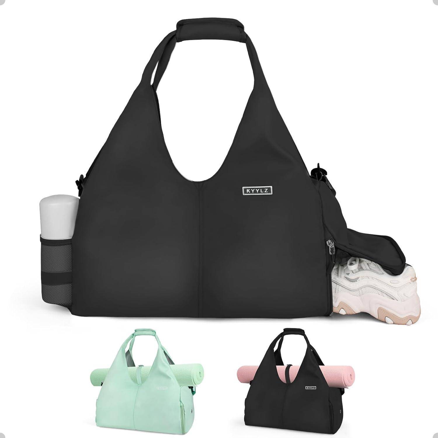 Eine große schwarze Sporttasche mit Wasserflaschenfach und separatem Schuhfach. Kleinere Taschen in Mintgrün und Rosa sind als Farboptionen darunter abgebildet.