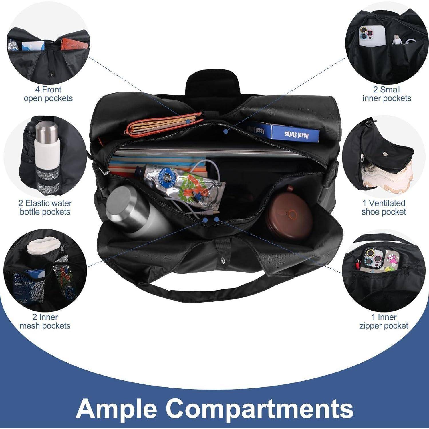 Tasche mit offenen Fächern, in denen verschiedene Gegenstände wie ein Handy, eine Flasche und Snacks zu sehen sind. Verschiedene Taschenarten sind beschriftet.