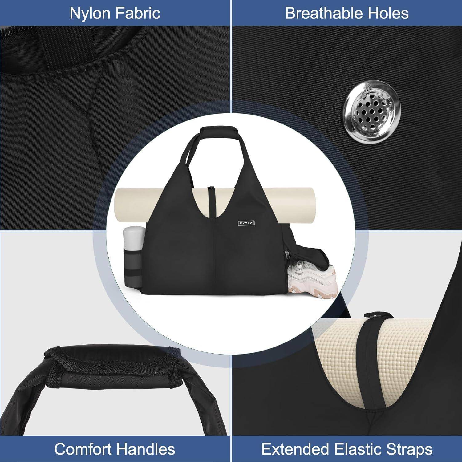 Schwarze multifunktionale Tasche mit atmungsaktiven Löchern, komfortablen Griffen und verlängerten elastischen Trägern. Inklusive Halterung für eine Yogamatte.