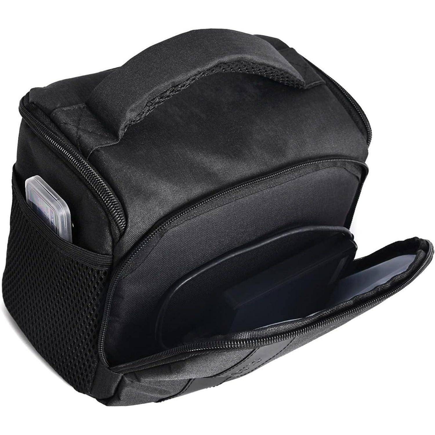 Eine schwarze Lunch-Tasche aus Stoff mit Tragegriff oben, seitlicher Netzasche und einem offenen Reißverschlussfach vorne. Ein kleiner Gegenstand ist in der Tasche sichtbar.