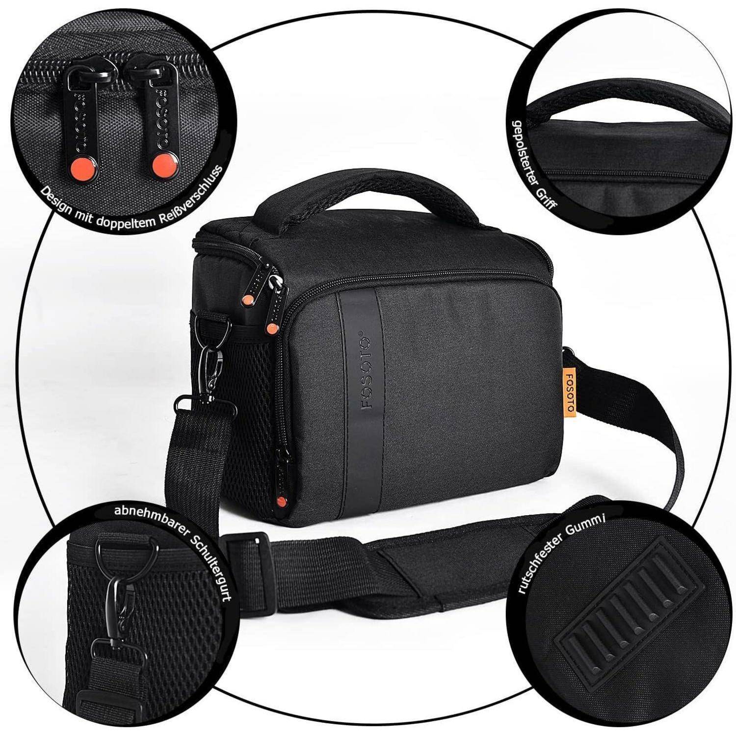Schwarze Kamera-Tasche mit gepolstertem Griff, verstellbarem Schultergurt, gummierter Standfläche und doppeltem Reißverschlussdesign. Hervorgehobene Funktionen in runden Einblendungen.