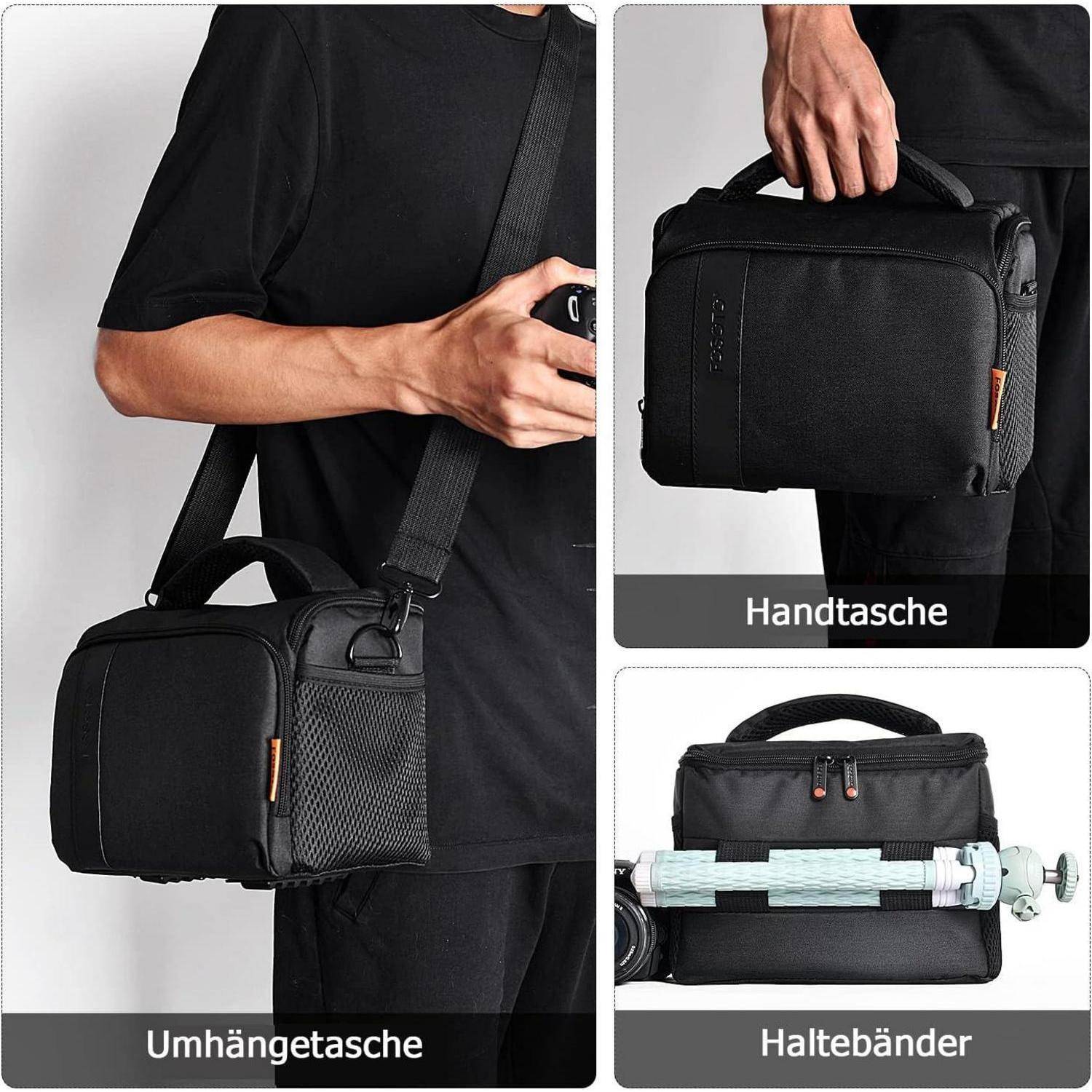 Bild mit drei Arten, eine schwarze Tasche zu tragen: als Umhängetasche, als Handtasche und mit Haltebändern an einem Stativ.