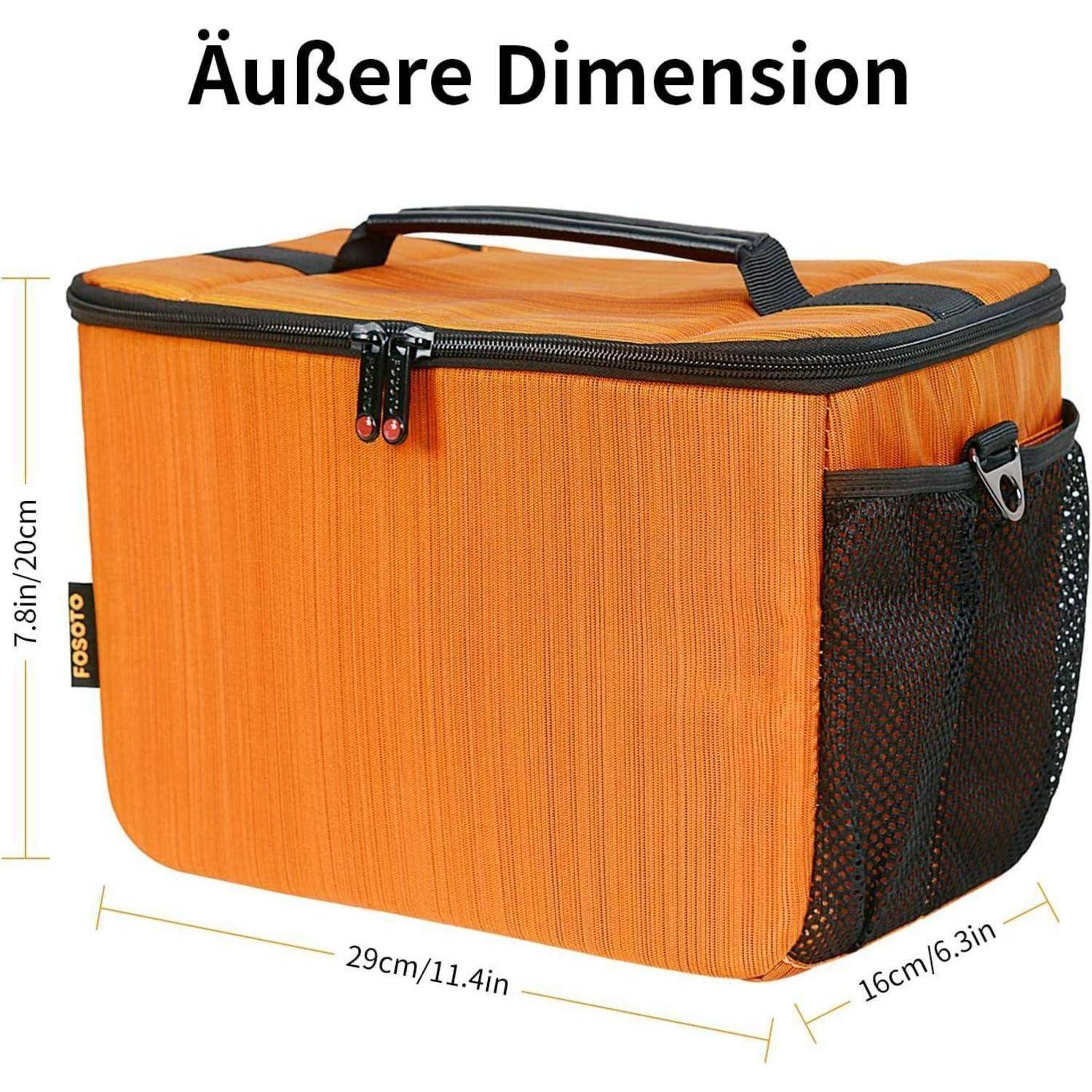 »Äußere Dimension« in fetter Schrift über einer orangefarbenen isolierten Lunch-Tasche mit schwarzen Netzseitentaschen. Maße: 29 cm breit, 16 cm tief, 20 cm hoch.