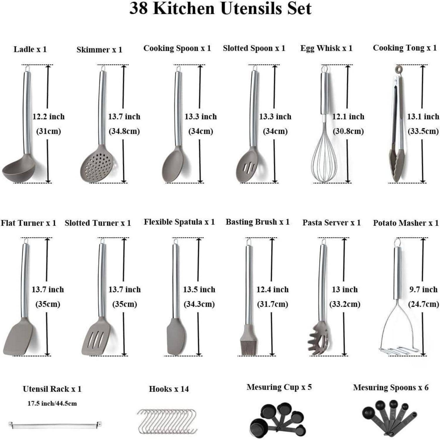 38-teiliges Silikon-Küchen-Kochgeschirr-Set Edelstahlgriff