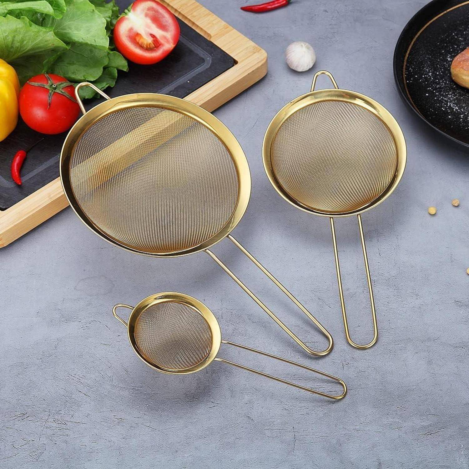 Goldenes feinmaschiges Siebset 3-teilig Edelstahl Küchensieb-Set