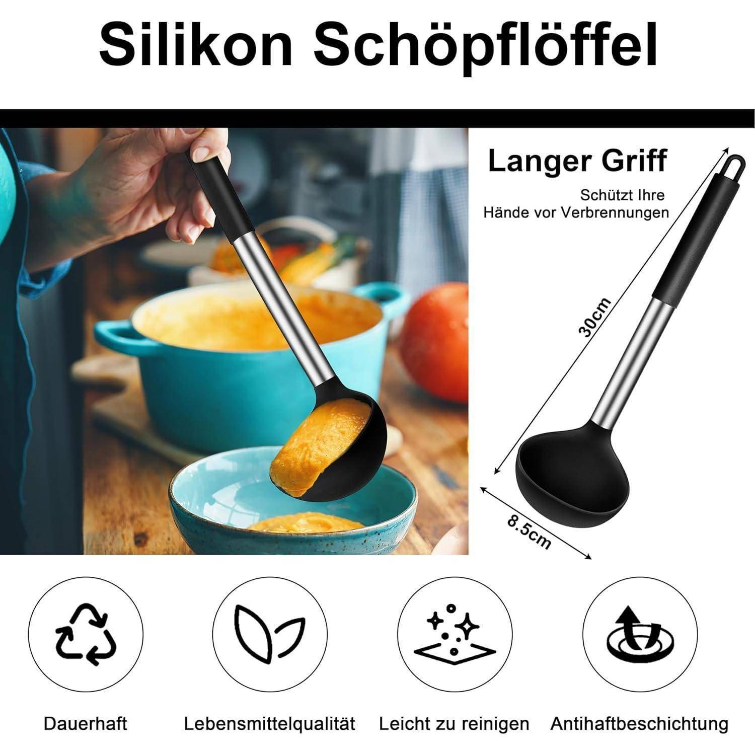 2-teiliges Silikon Schöpfkelle Set mit Edelstahl Griff, hitzebeständig