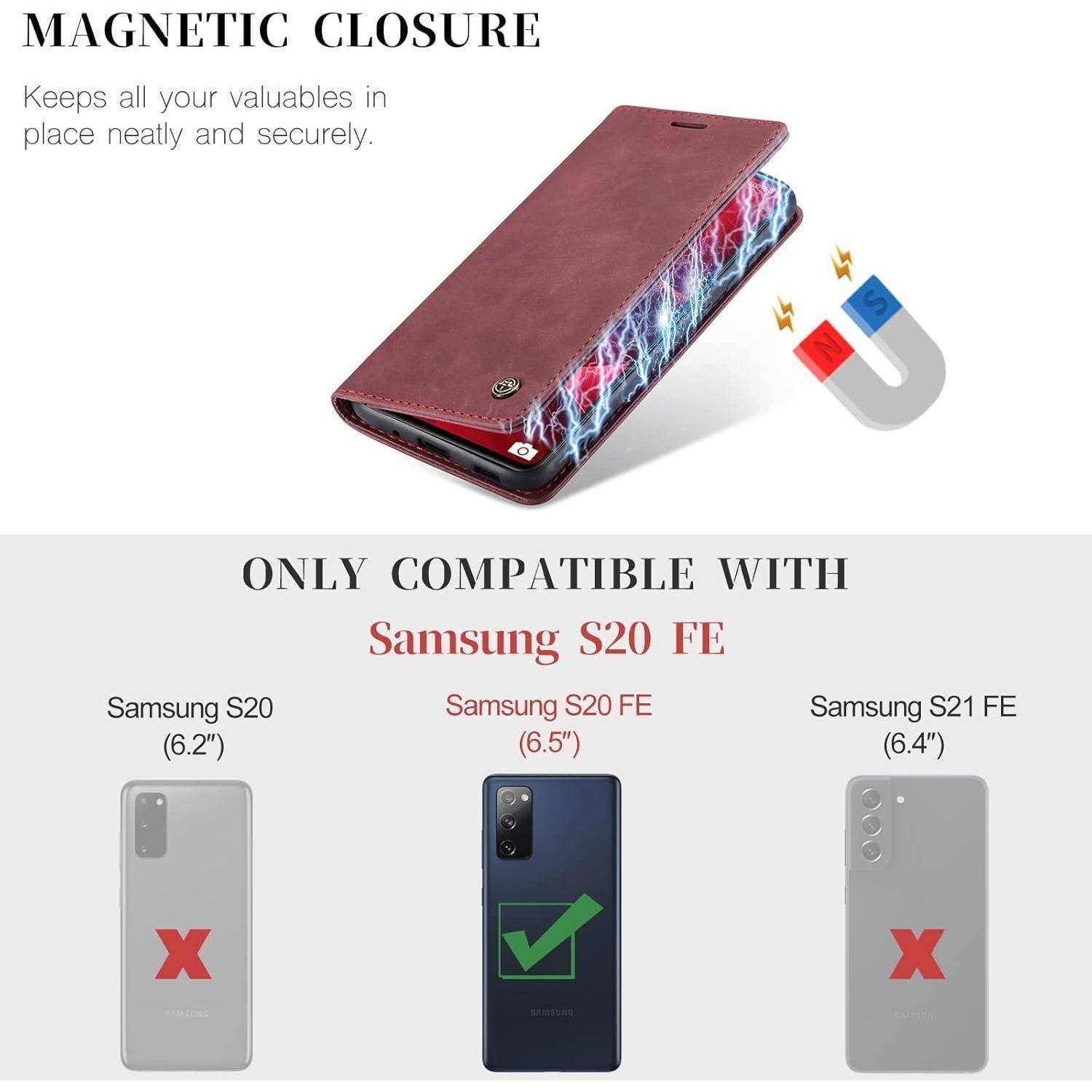 Magnetverschluss hält Wertsachen sicher. Bild zeigt eine Handyhülle, kompatibel nur mit Samsung S20 FE, nicht kompatibel mit anderen Modellen.