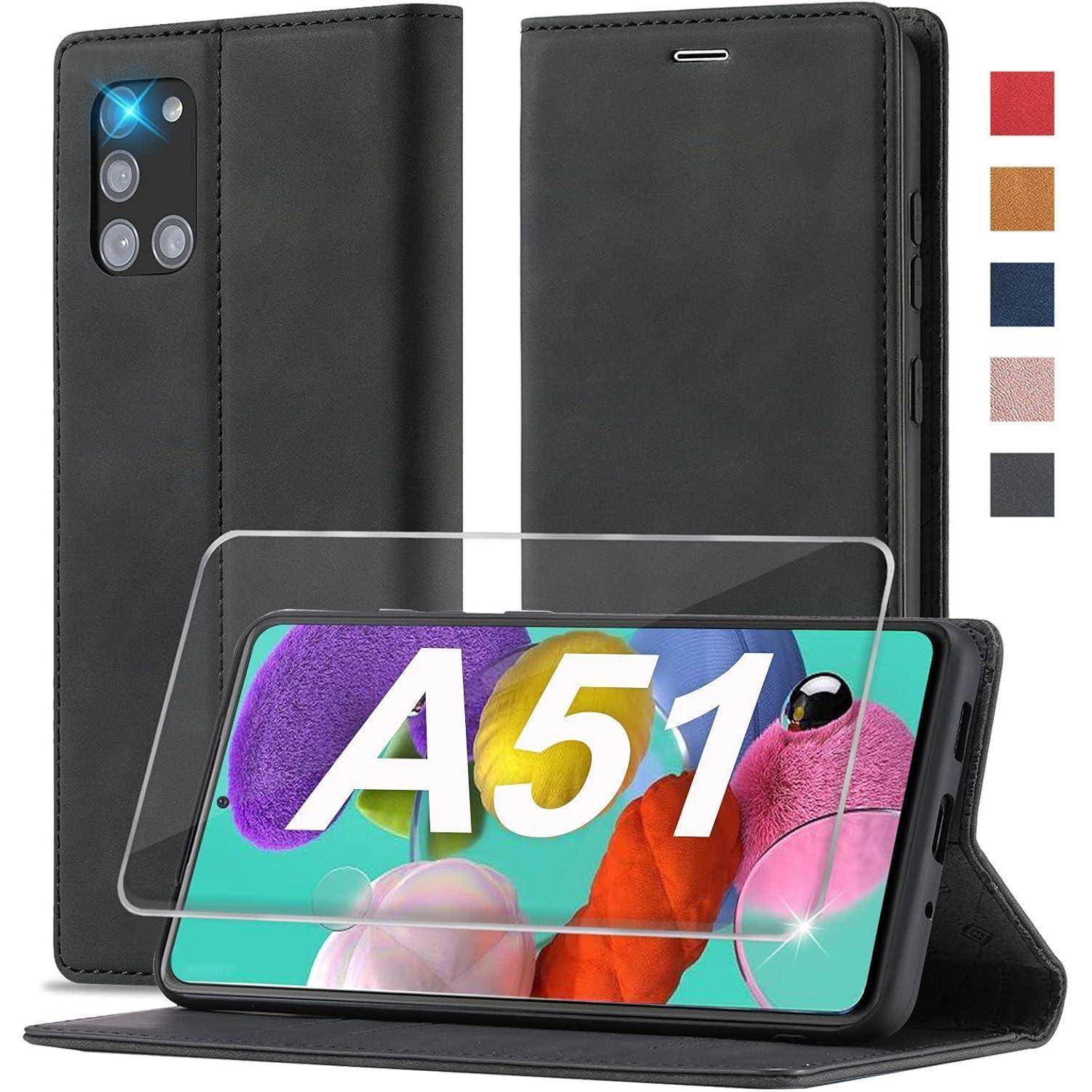 Handyhülle und Displayschutz für A51, in fünf Farboptionen erhältlich: Schwarz, Blau, Braun, Rosa, Rot. Mit Kartenfach und Ständer.