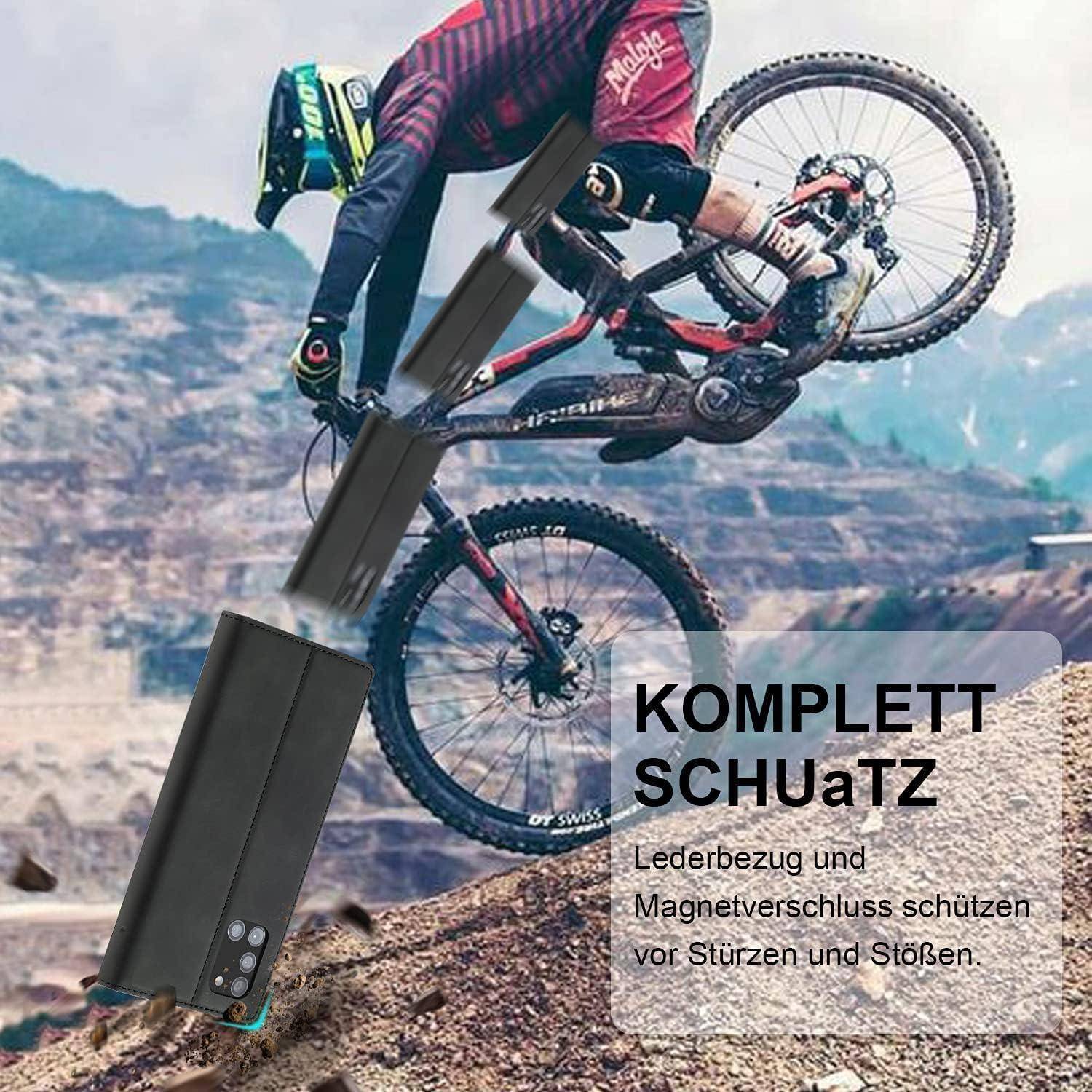 Eine Person führt einen Mountainbike-Sprung vor und zeigt dabei raues Gelände. Der deutsche Text bewirbt eine Schutzhülle aus Leder mit Magnetverschluss.