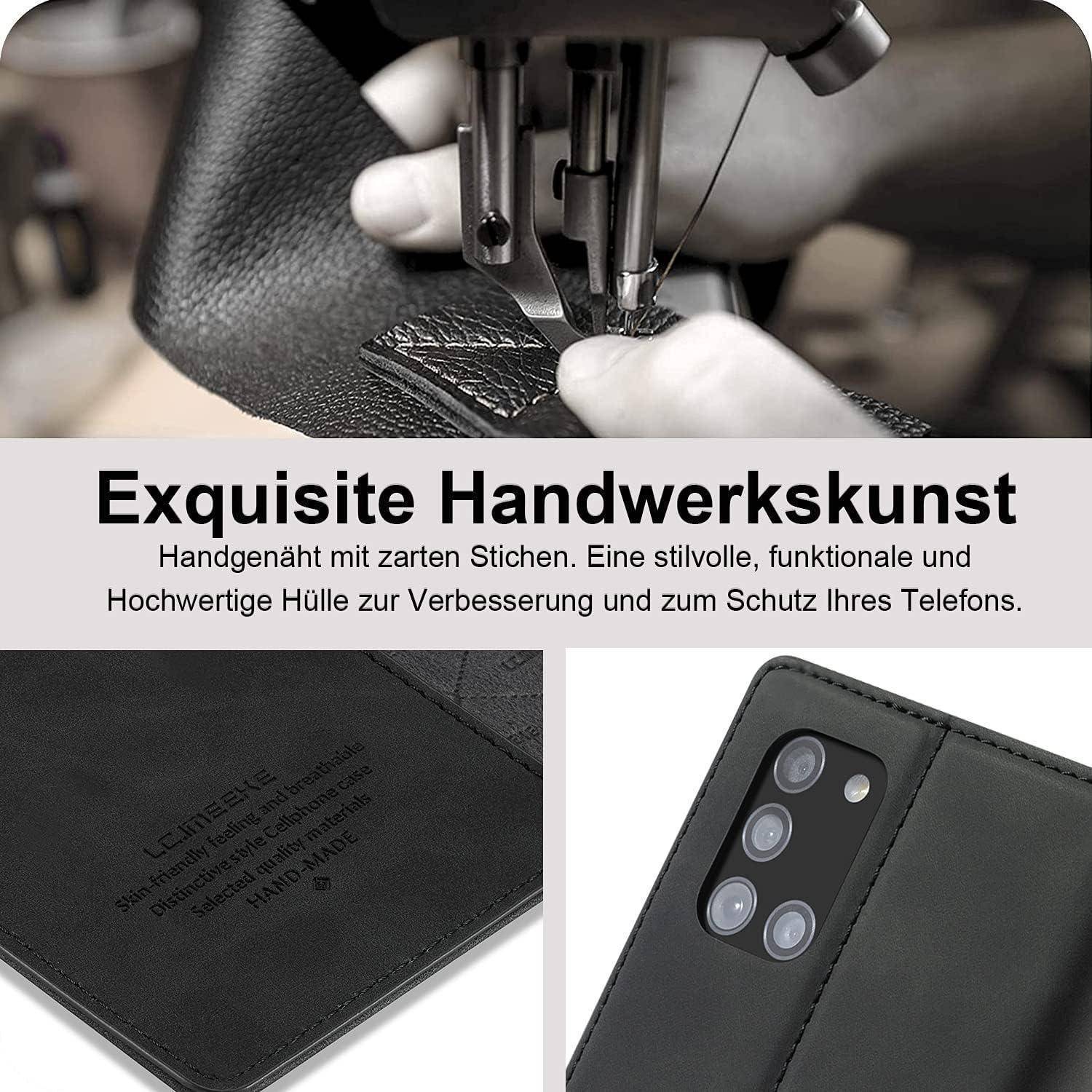 Ein Nahaufnahmefoto zeigt eine Person, die Leder näht und handwerkliches Geschick hervorhebt. Darunter Bilder einer schwarzen Ledertasche für ein Mobiltelefon mit mehreren Kameraschlitzen. Text lautet: 'Exquisite Handwerkskunst'.