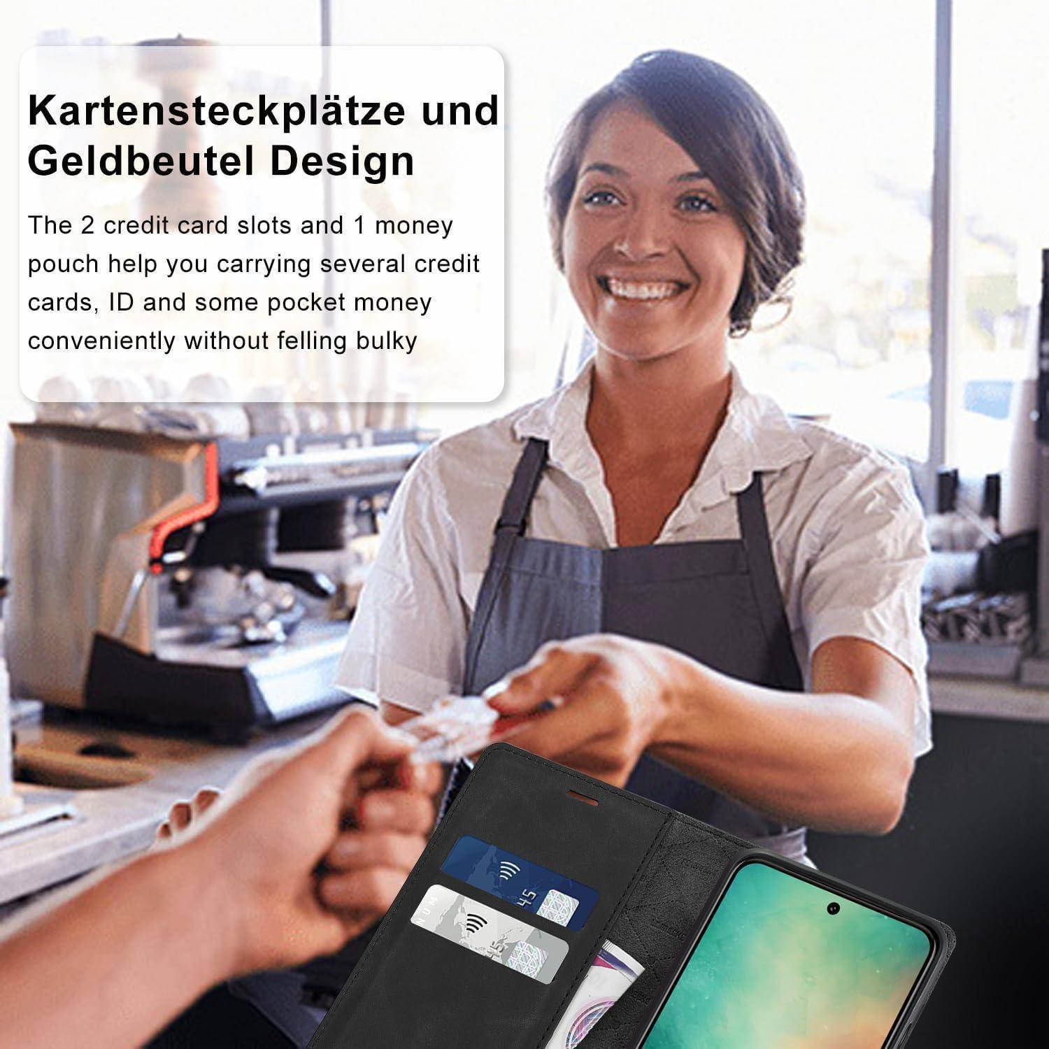 Eine Person reicht einer anderen Person eine dunkle Brieftasche. Text lautet: 
