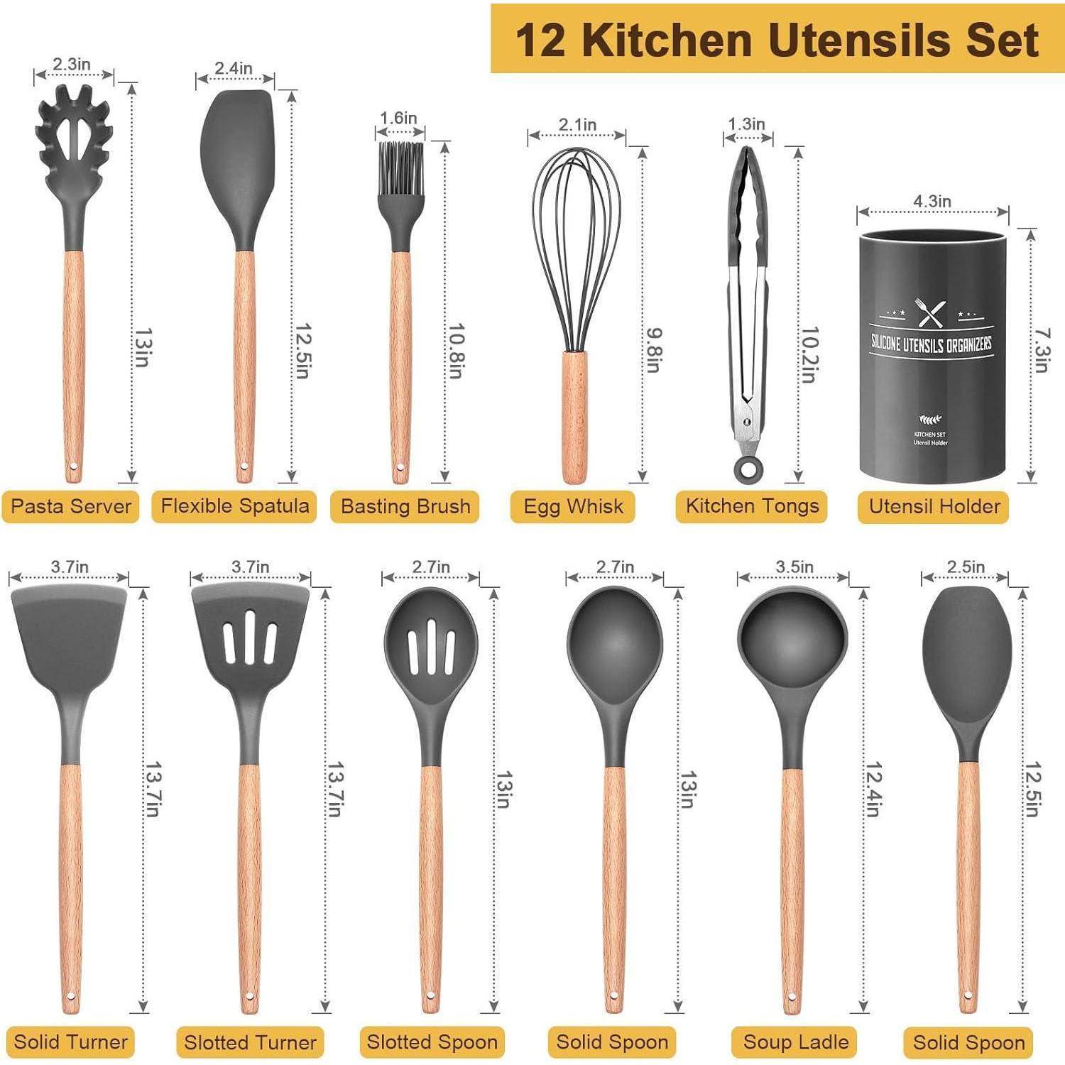 12-teiliges Silikon Küchenhelfer Set mit Holzgriff und