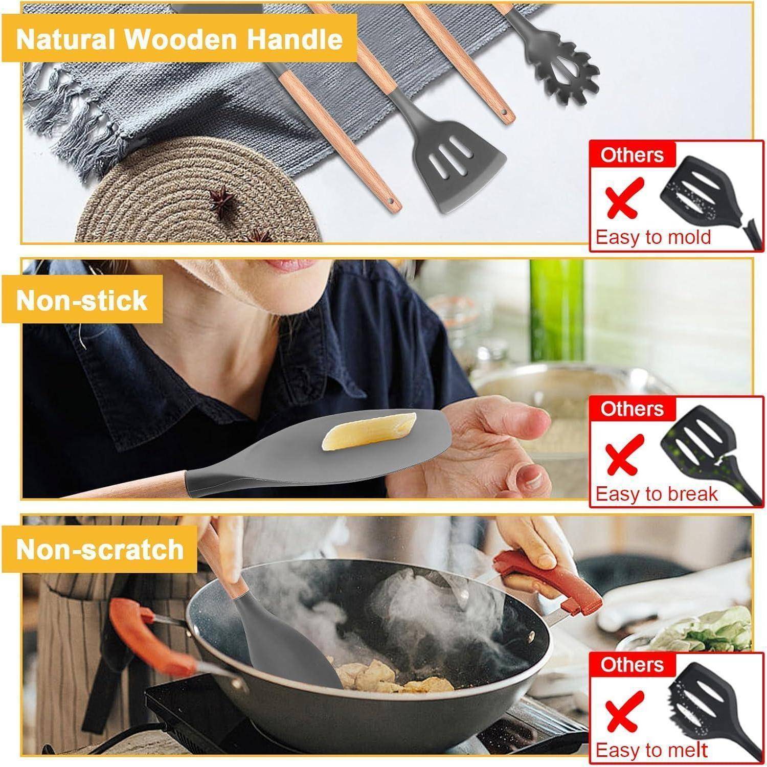 12-teiliges Silikon Küchenhelfer Set mit Holzgriff und