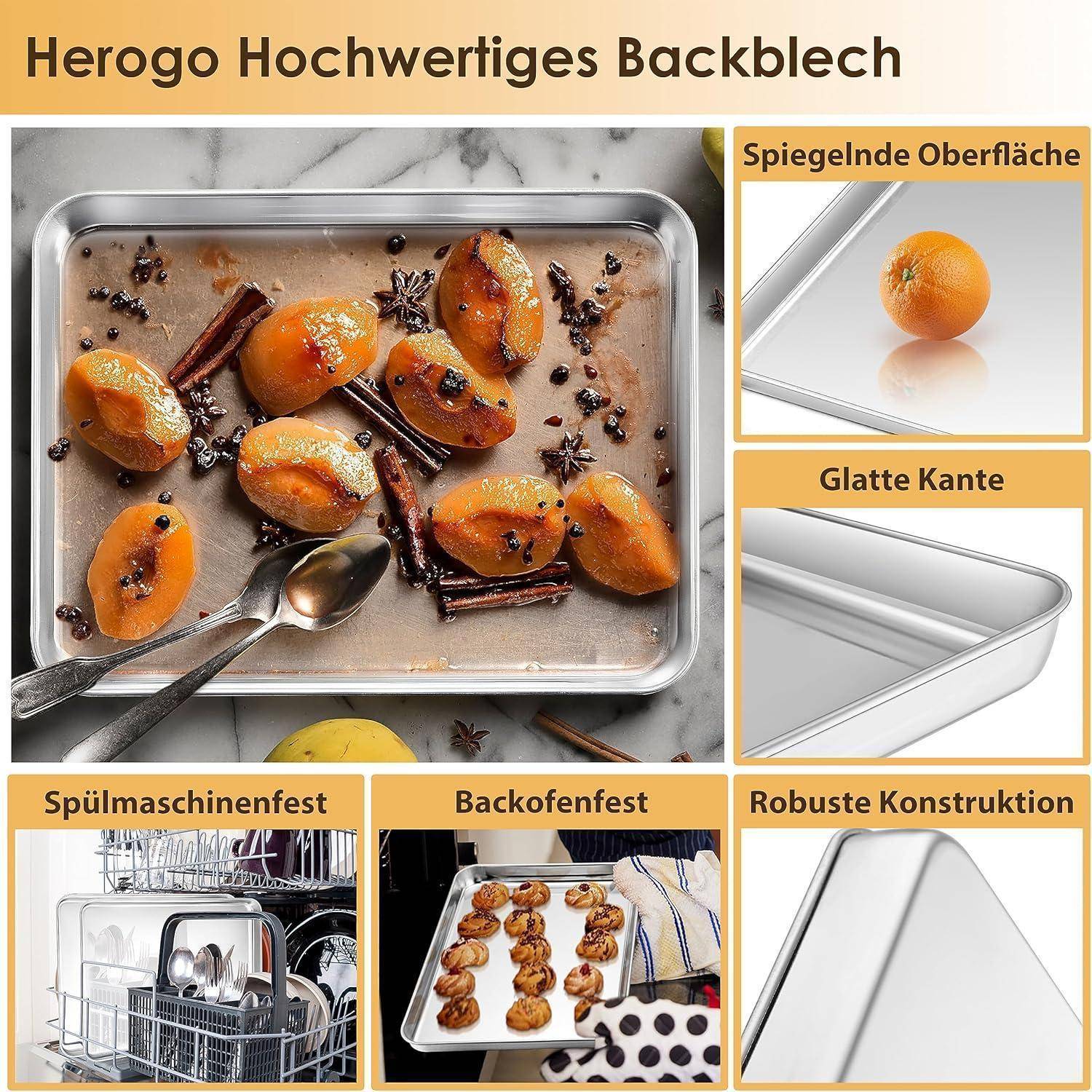 Herogo Hochwertiges Backblech' Bild, das ein Backblech mit gerösteten Kaki-Früchten und Gewürzen zeigt. Merkmale umfassen glatte Kante, geschirrspülmaschinenfest, backofengeeignet, robuste Konstruktion und reflektierende Oberfläche.