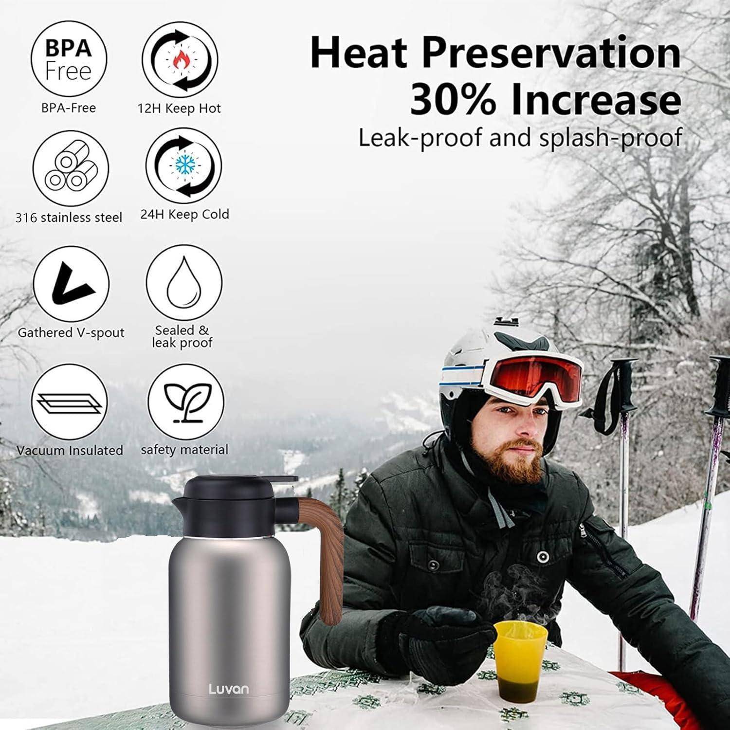 Thermoskanne 2L Edelstahl Doppelwand Isolierte Kaffee Topf Plunger