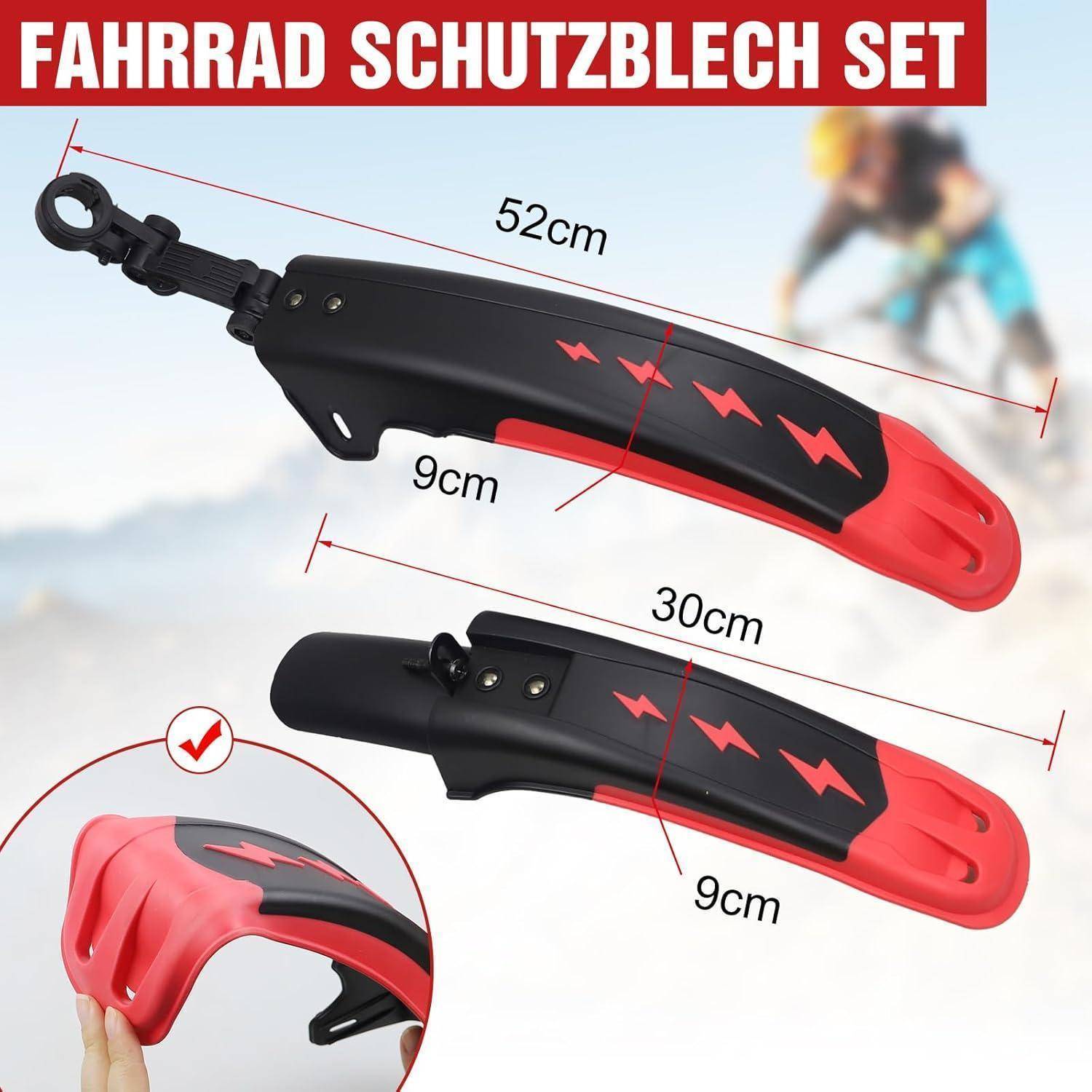 Fahrrad-Schutzblech-Set mit Abmessungen dargestellt: 52 cm vorn, 30 cm hinten. Schwarz mit rotem Blitzmuster. Bild zeigt einen Radfahrer im Hintergrund.