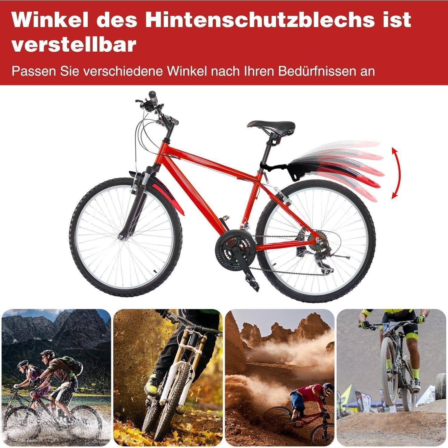 Winkel des Hinterschutzblechs ist verstellbar. Passen Sie verschiedene Winkel nach Ihren Bedürfnissen an. Rotes Fahrrad mit verstellbarem Hinterschutzblech wird auf verschiedenen Geländen gezeigt.