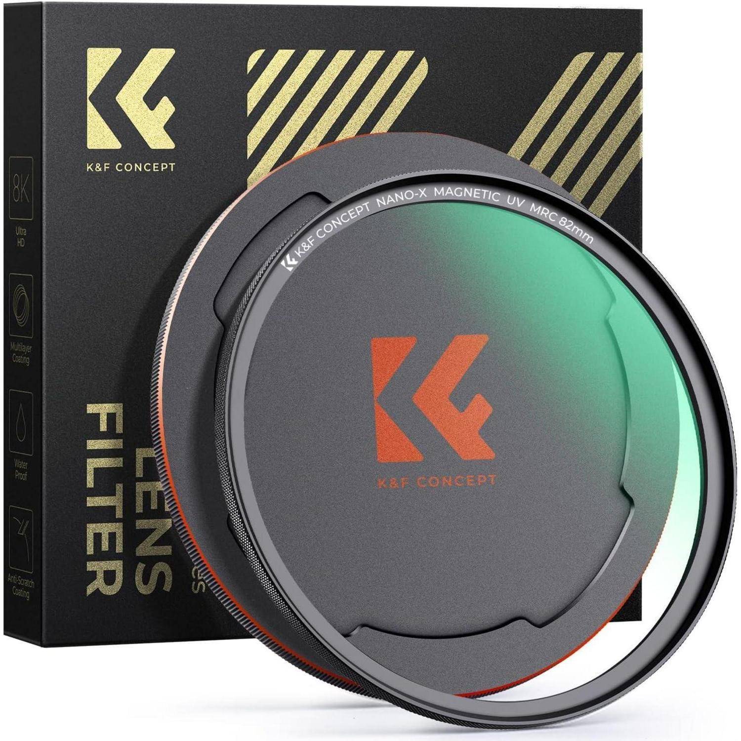 Ein K&F Concept Objektivfilter mit kreisförmiger Gestaltung, ausgestattet mit einem magnetischen Befestigungssystem und einem UV-Schutz-Element, neben seiner Verpackung.