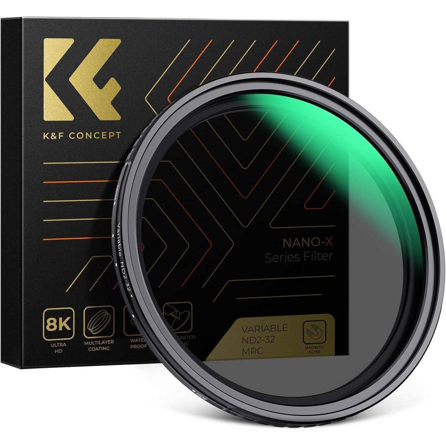 Eine Nahaufnahme eines K&F Concept Nano-X Variablen ND2-32 Kameraobjektivfilters, der seine mehrfach beschichtete Glasoberfläche hervorhebt. Verpackung im Hintergrund.