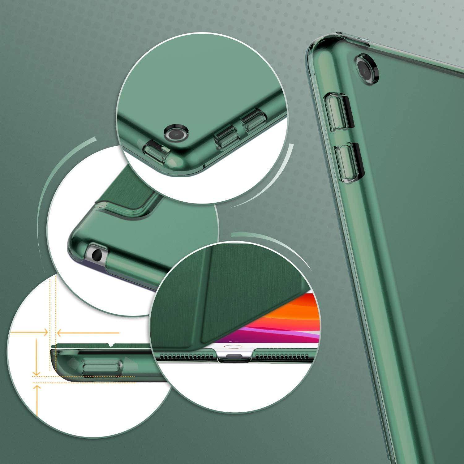 Grüne Tablet-Hülle mit präzisen Ausschnitten ist in einer Collage dargestellt. Nahaufnahmen zeigen Öffnungen für Kamera, Tasten und Ladeanschluss.