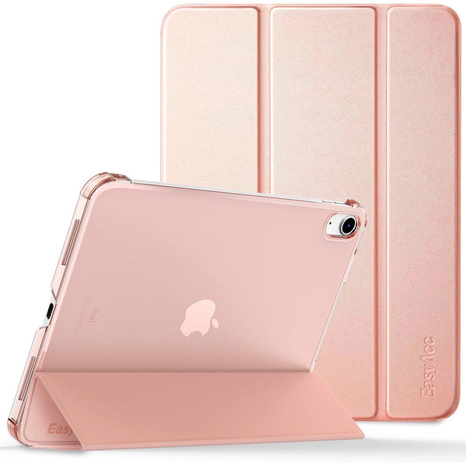 Eine Roségold-Tablethülle mit einem Dreifach-Cover, die sowohl Vorder- als auch Rückansicht zeigt. Die offene Abdeckung stützt das Tablet in einer Standposition.