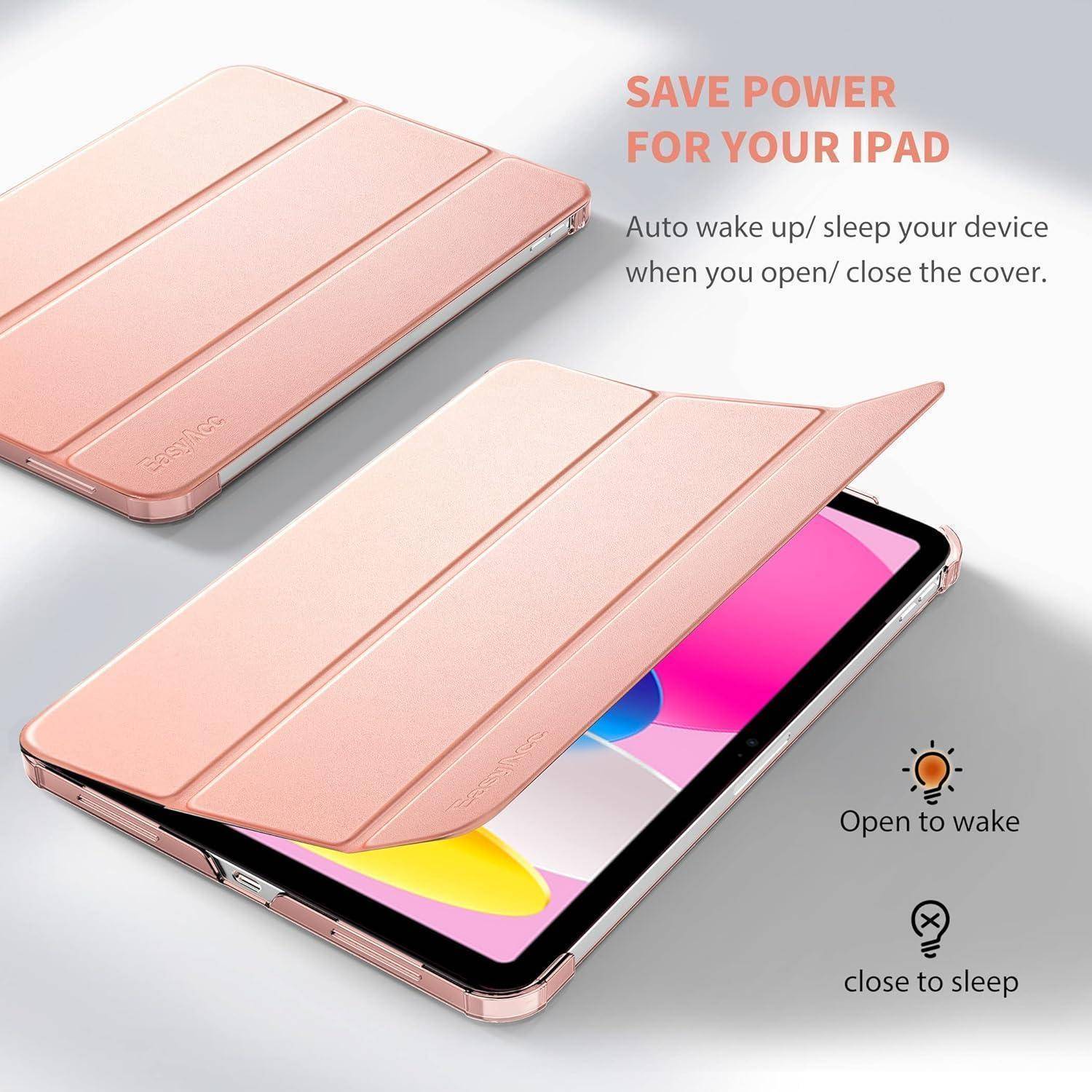 iPad mit einer rosa Hülle teilweise geöffnet, demonstriert die Auto-Wake/Sleep-Funktion. Text: 'Sparen Sie Energie für Ihr iPad. Öffnen zum Aufwecken, Schließen zum Schlafen.