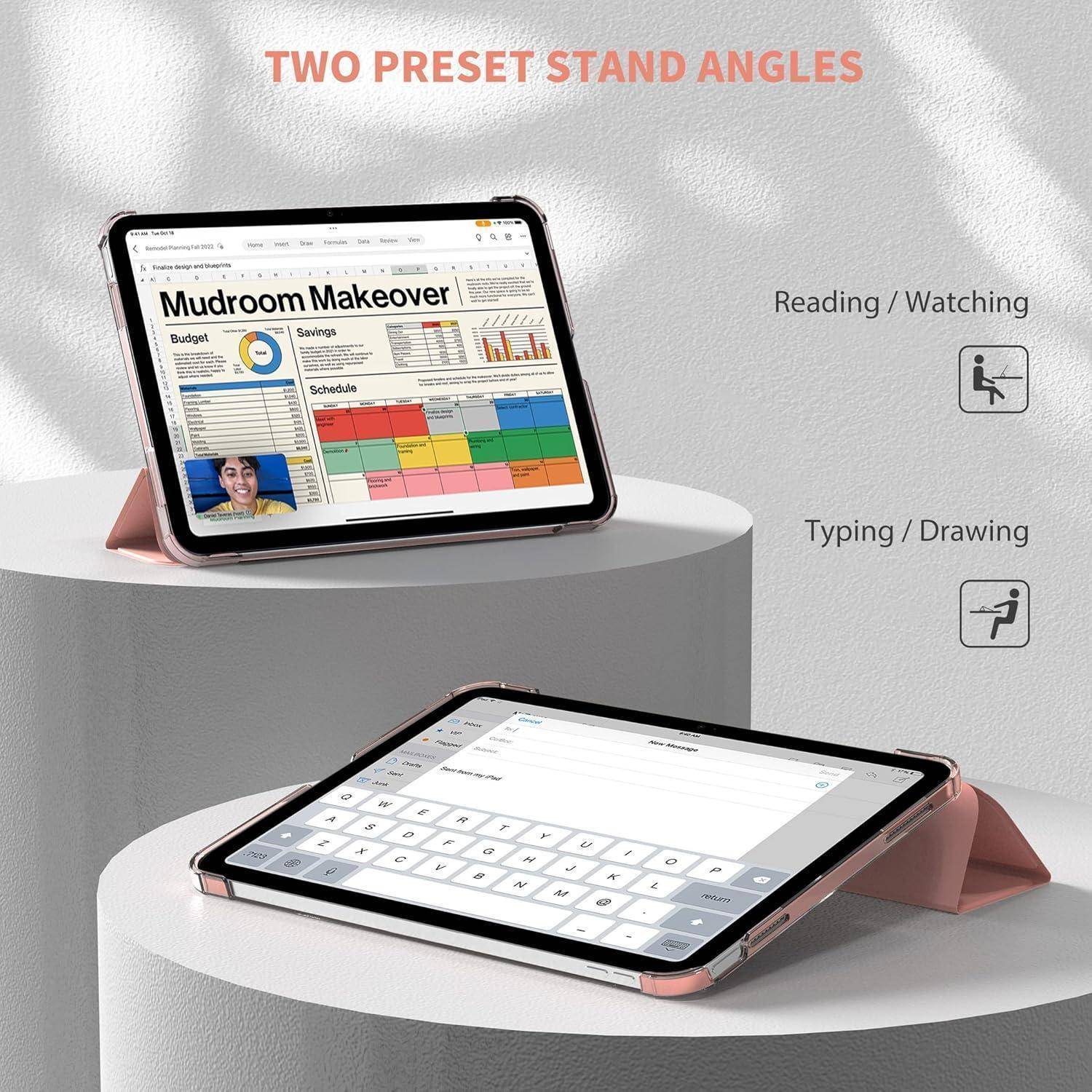 Tablet-Ständer mit zwei voreingestellten Winkeln: einer zum Lesen/Schauen, einer zum Tippen/Zeichnen. Auf dem Tablet ist das Projekt 'Mudroom-Umgestaltung' zu sehen.